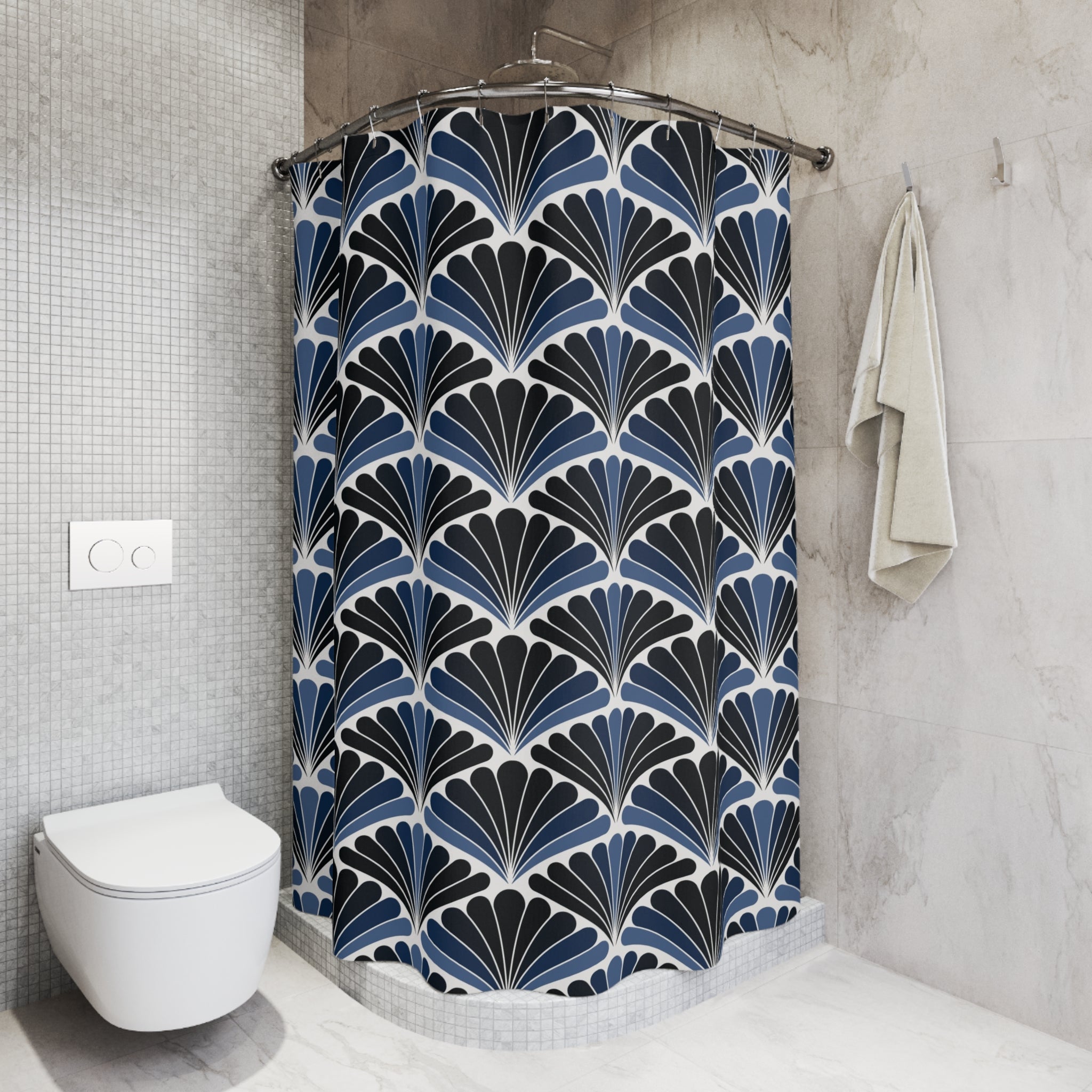 Art Deco Shower Curtain | Navy Blue White Fan Bathroom Decor