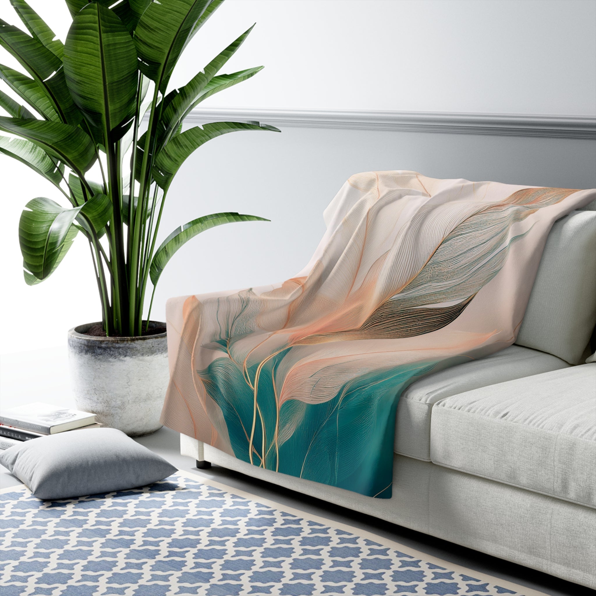 Floral Throw Blanket | Beige Teal Gold Leaves