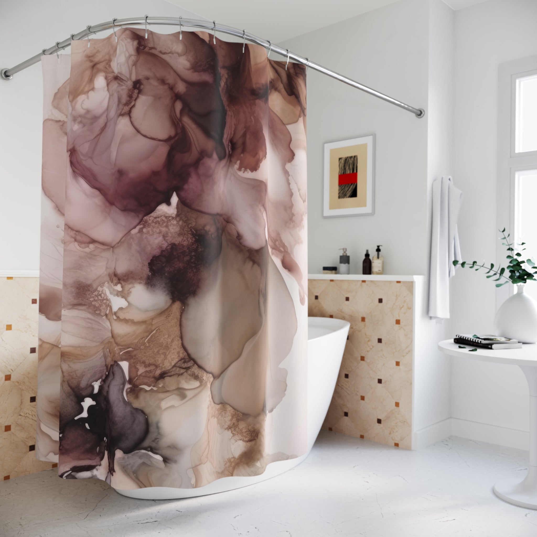 Floral Shower Curtain | Abstract Alcohol Ink, Mauve Pink Beige