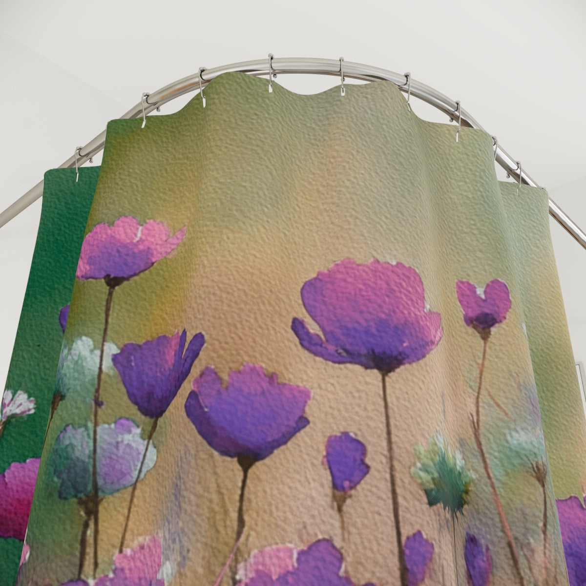 a shower curtain with a vibrant floral design, including purple and pink flowers against a green background.