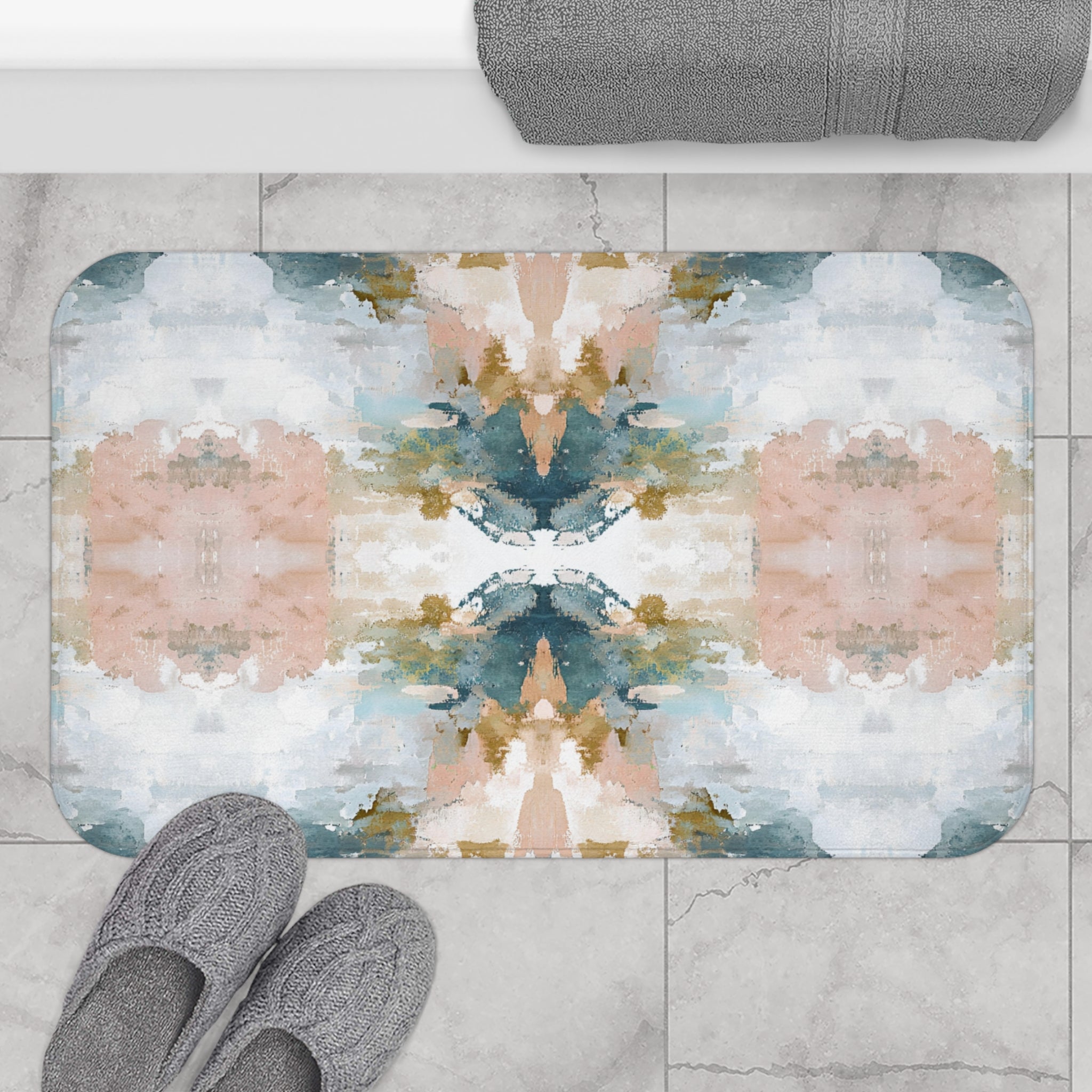 Boho Modern Bath Mat | Abstract Pink Teal White Kitchen Mat