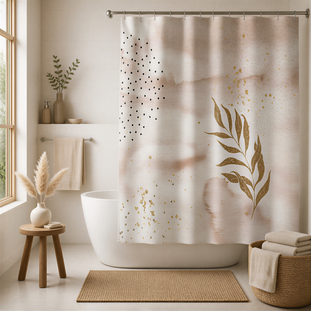 a serene and modern bathroom with a white bathtub, a shower curtain featuring a leaf design, and a wooden stool with a vase of dried flowers.
