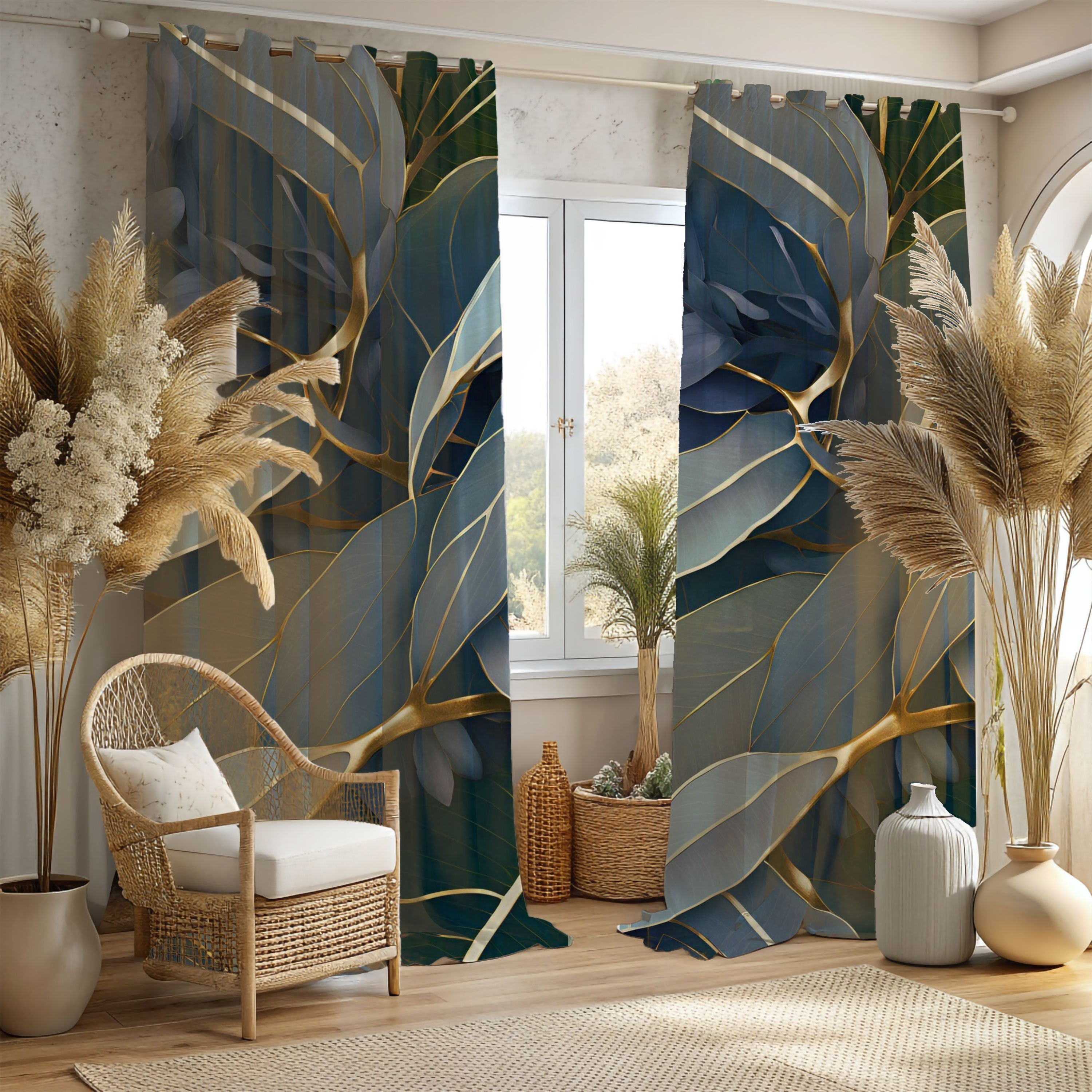 a living room scene with a chair and a window