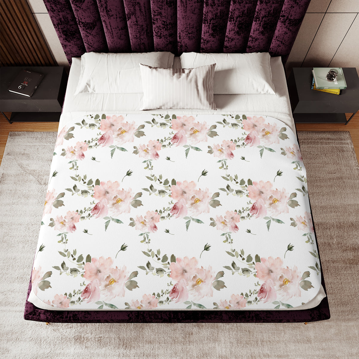 Blush Rose Spray Sherpa Blanket | Sage Watercolor Floral Throw