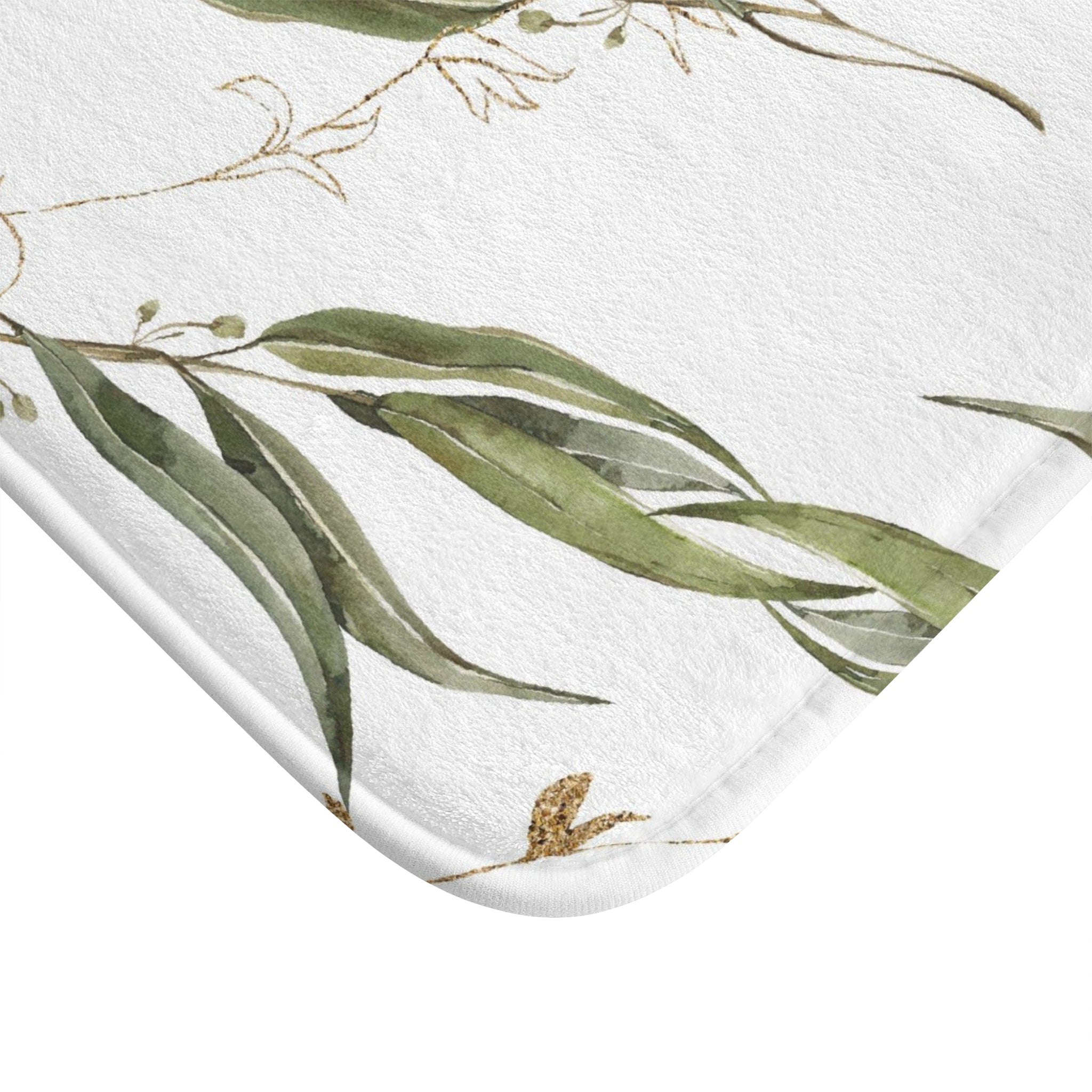 Boho Bath, Kitchen Mat | Floral, Sage Green, White Gold Beige Leaves
