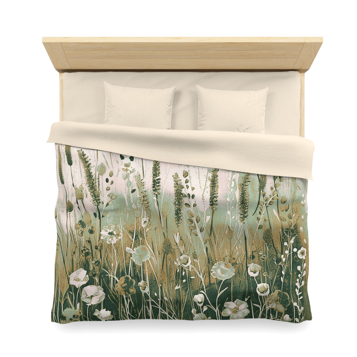 a bed with a floral print duvet cover and pillows.