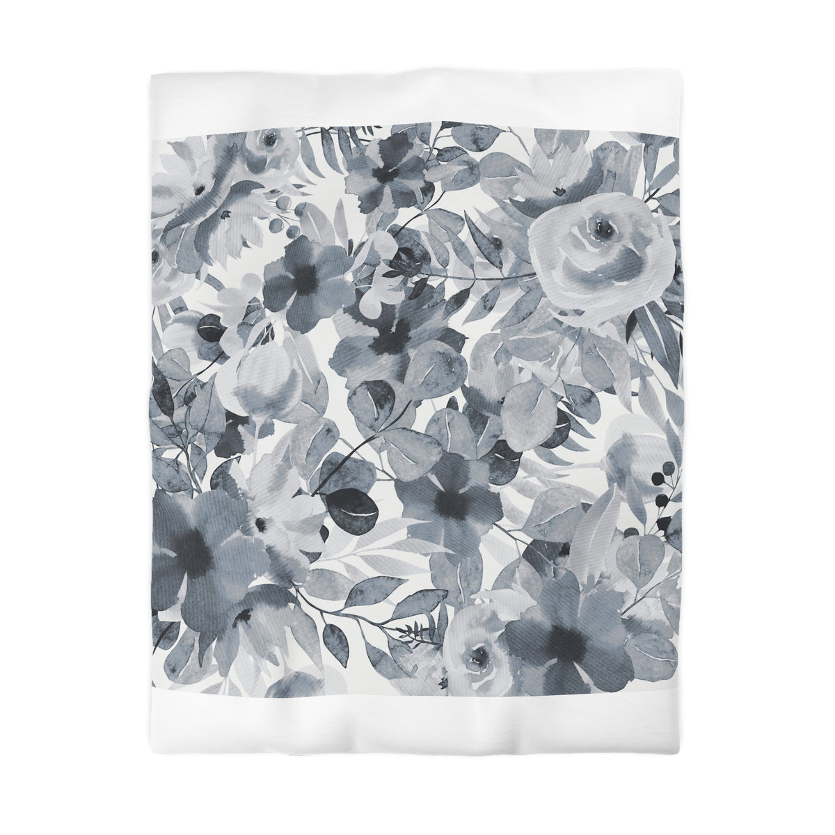 a black and white floral pattern with various flowers and leaves.