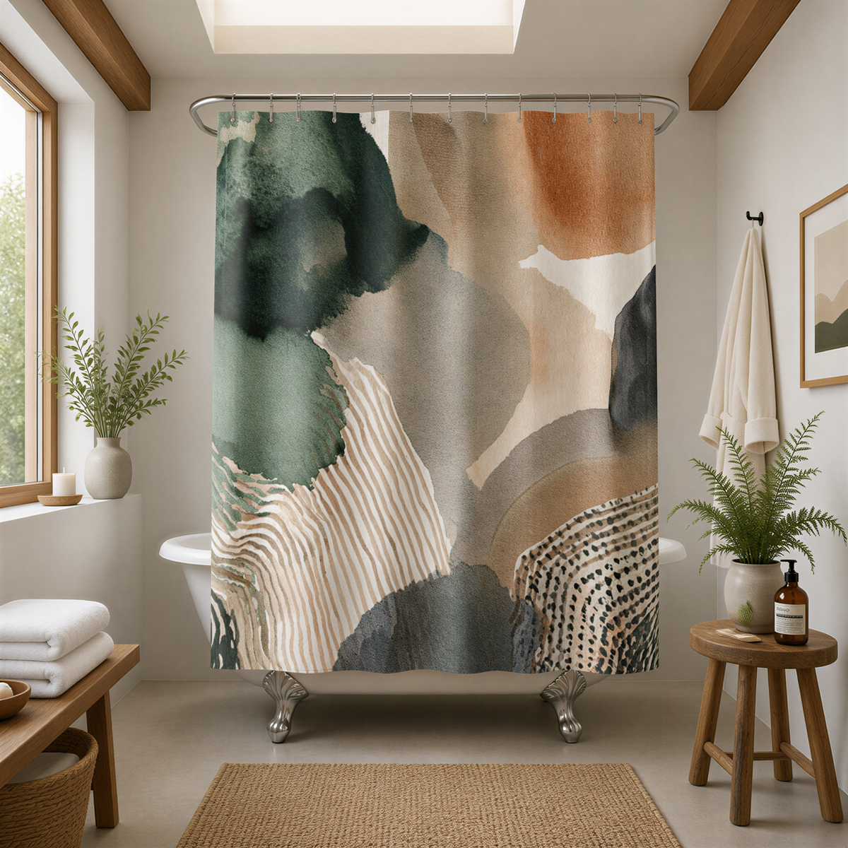 a bathroom with a large abstract shower curtain featuring a mix of green, brown, and gray colors. The bathroom has a wooden floor, a white bathtub, and a wooden stool. There are two potted plants in the room, one on the left side and the other on the right side. The overall design and decor of the bathroom create a modern and stylish atmosphere.