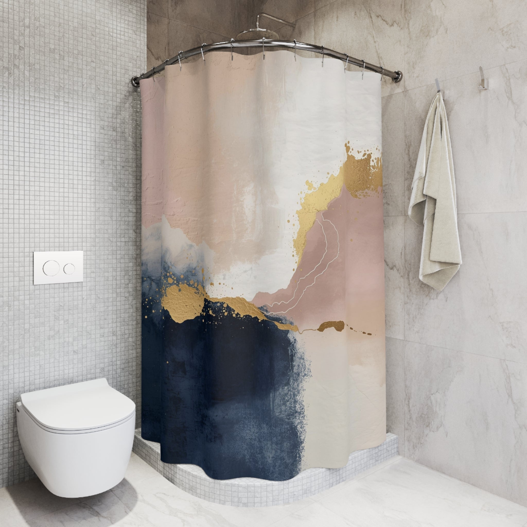 Boho Abstract Shower Curtain | Navy Blue, Blush White Watercolor