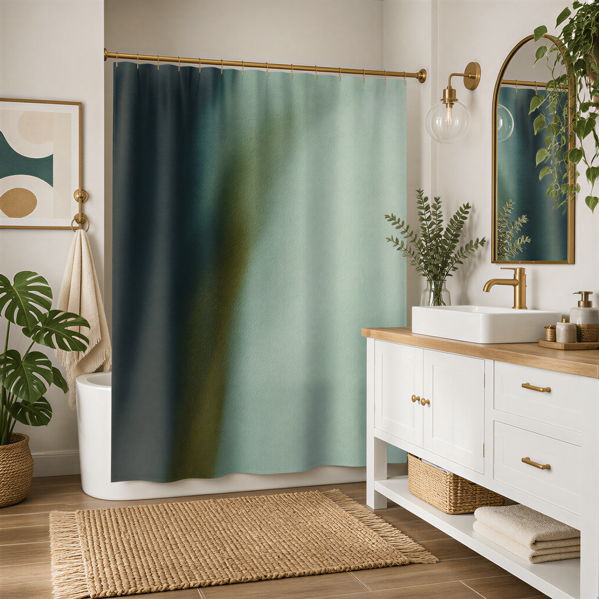 a modern bathroom with a white vanity, a green shower curtain, and a gold faucet. The bathroom is decorated with plants and has a rug on the floor.