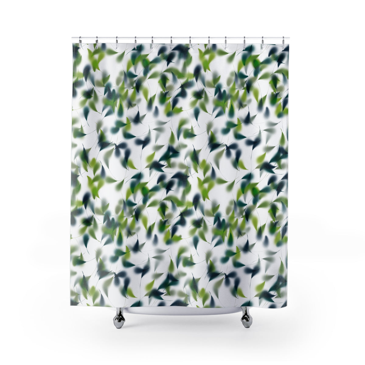 a shower curtain with a leafy green and blue abstract pattern.