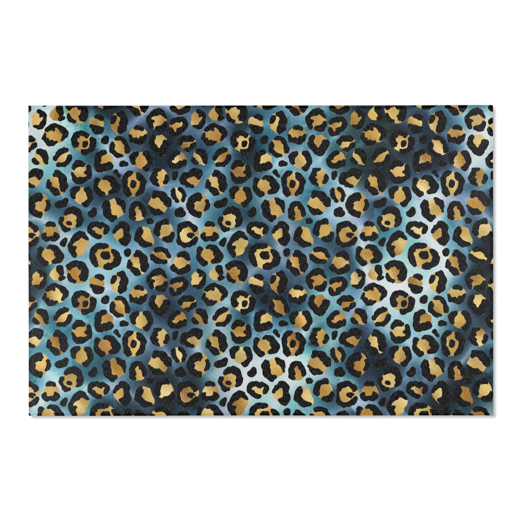 Boho Area Rug | Teal Blue Grey, Black Beige Leopard