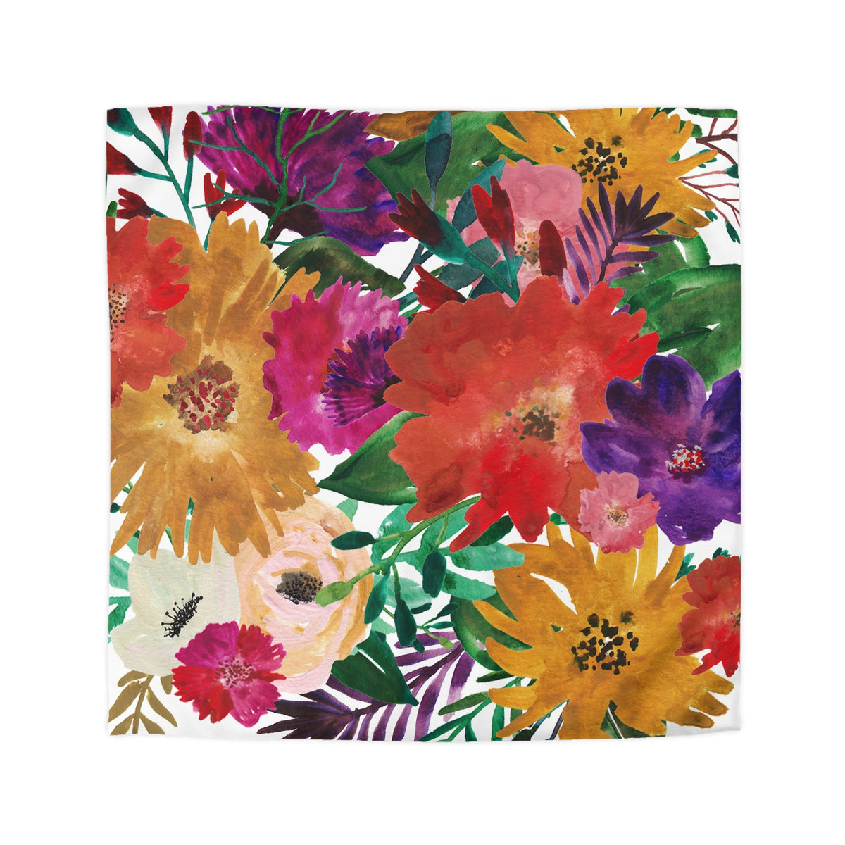 The image is a vibrant and colorful collage of various flowers and foliage, including sunflowers, daisies, and other blooms in a variety of bright colors such as red, orange, yellow, and purple.