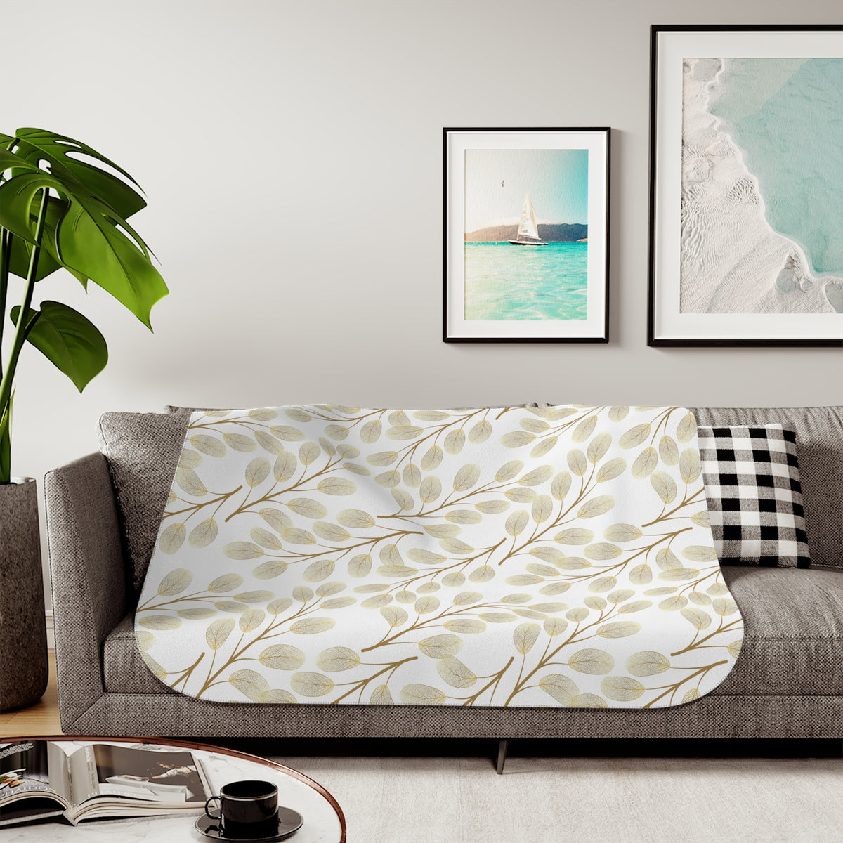 Beige Muted Gold Leaf Branch Sherpa Blanket | Neutral Throw