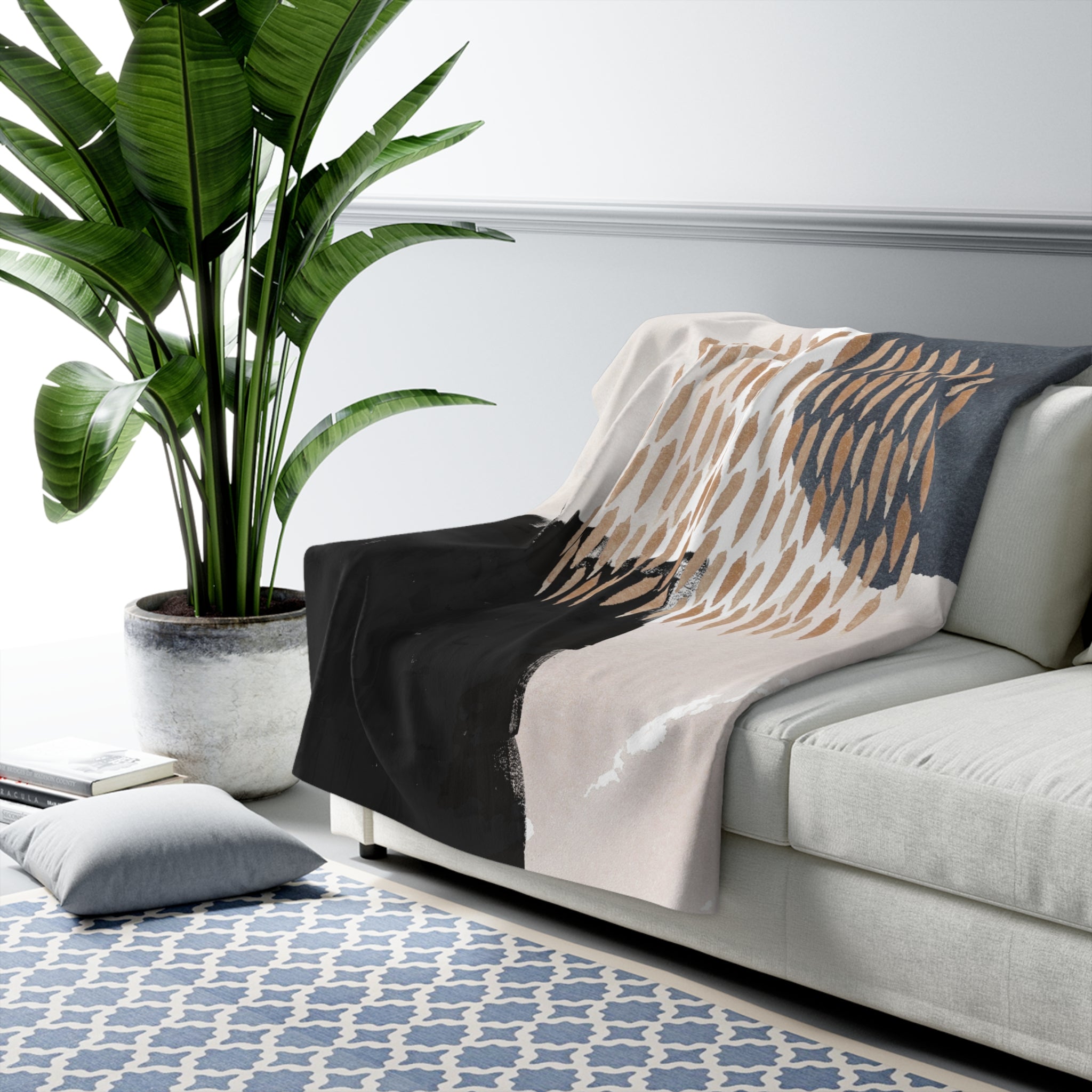 Abstract Throw Blanket | Watercolor Fade Black, Blush Beige Modern Art