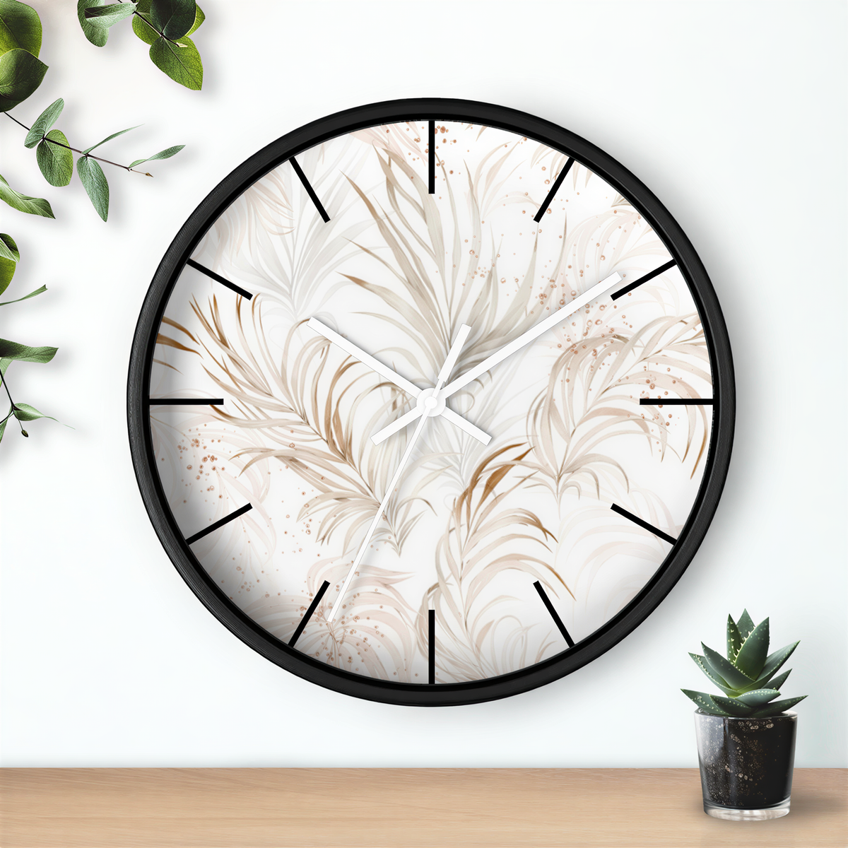 Floral Wood Wall Clock White Beige Leaves in a modern home interior