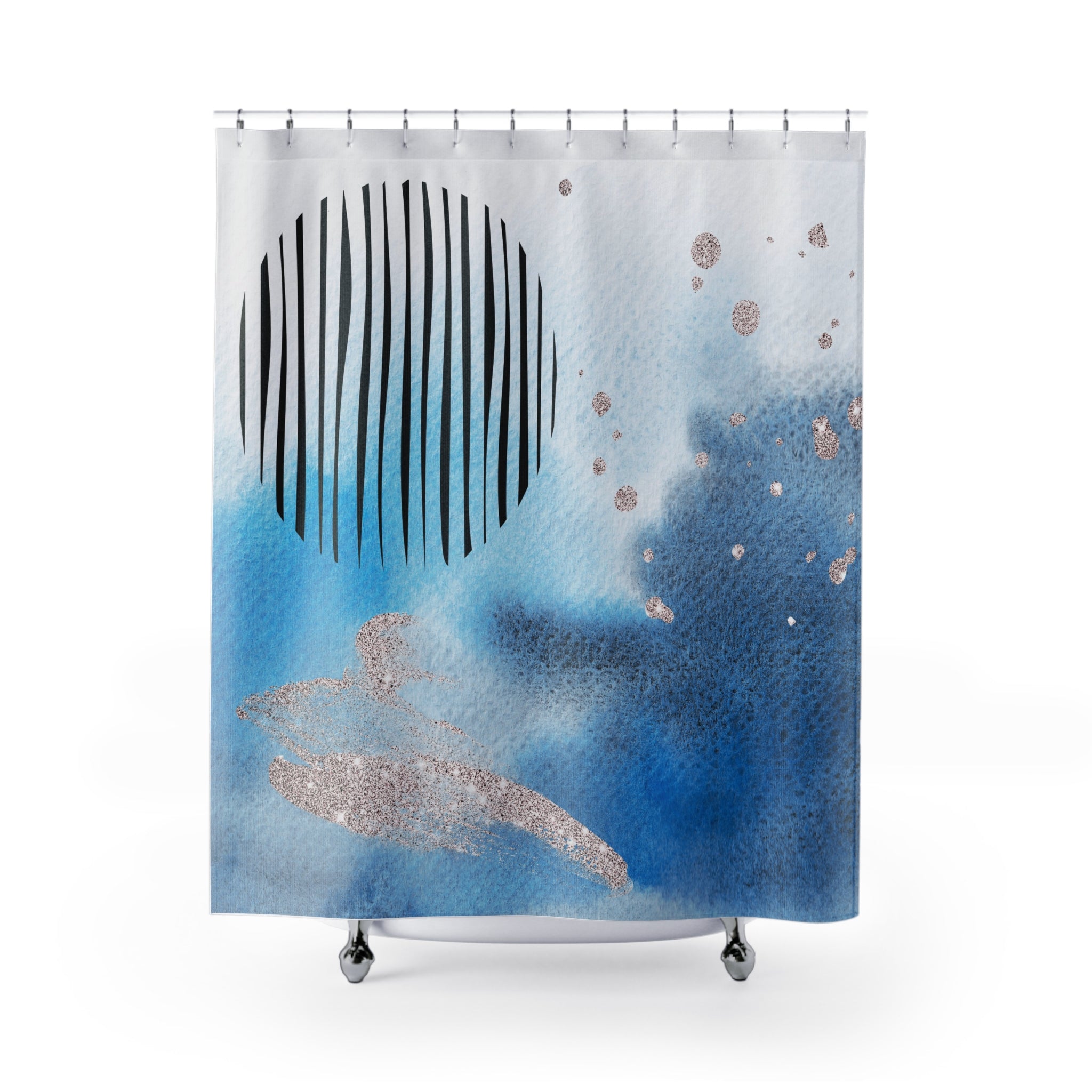 Abstract Shower Curtain | Navy Indigo Blue, Beige Black Watercolor