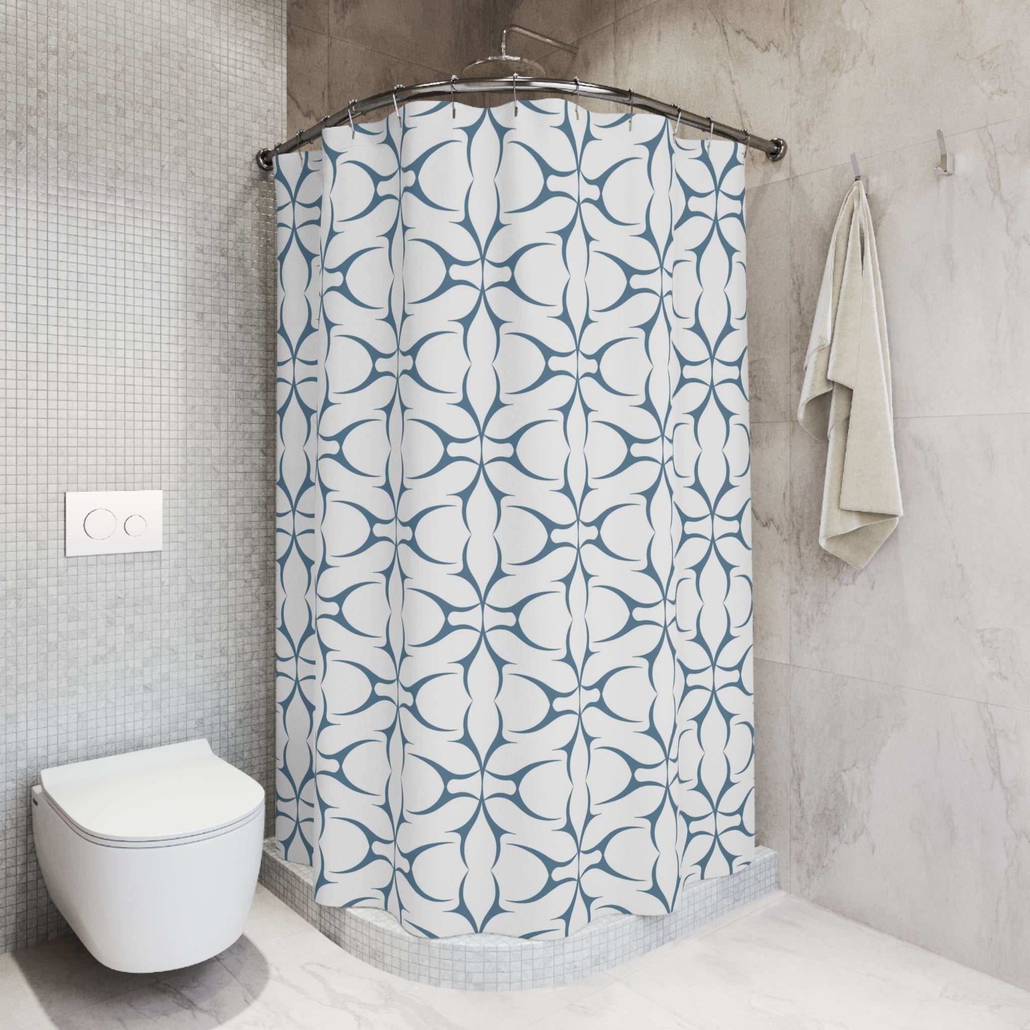 Boho Shower Curtain | Retro Art Deco White Blue Geometric
