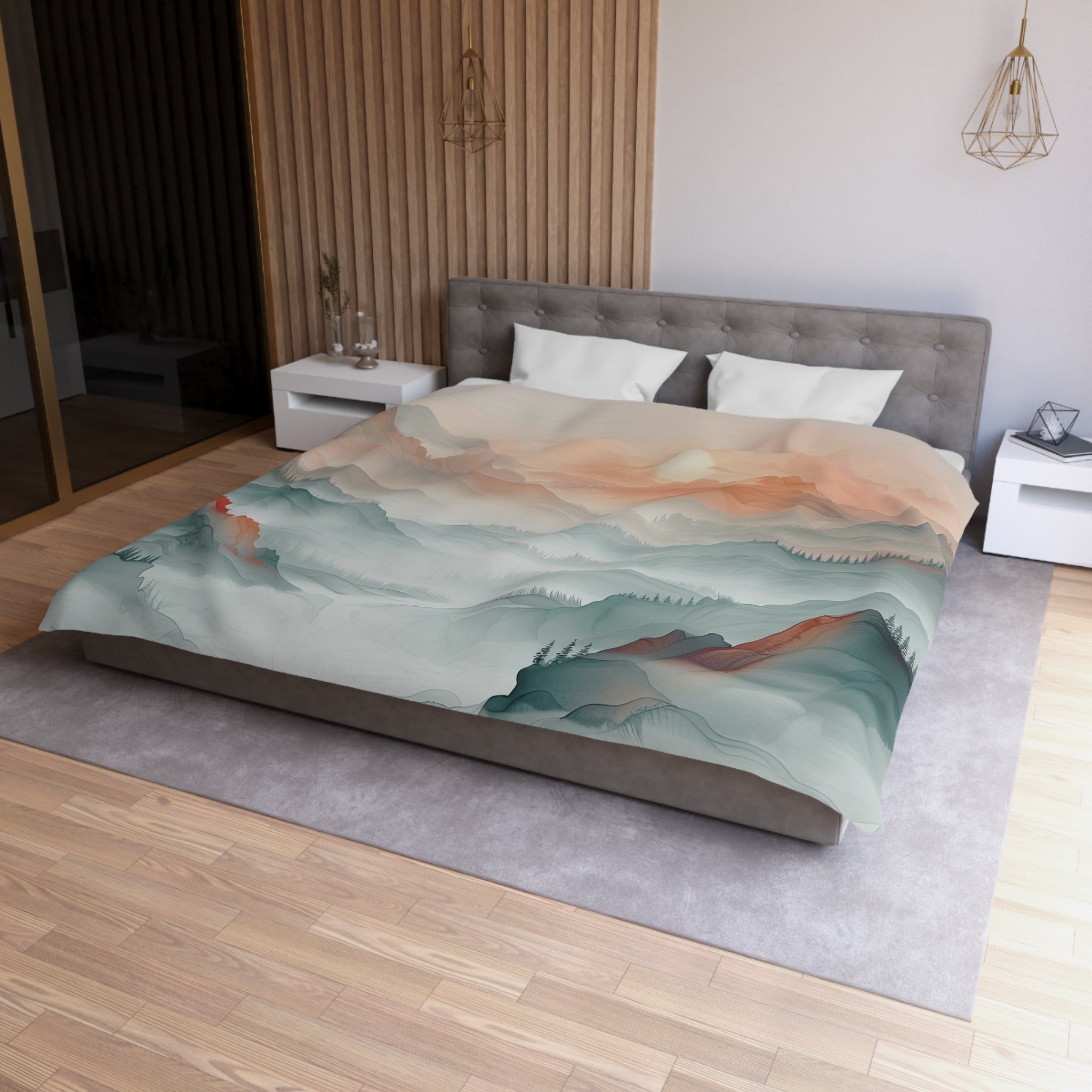 Landscape Duvet Cover | Nature Boho Mountain, Grey Peach Bedding Decor | Bedroom Decor