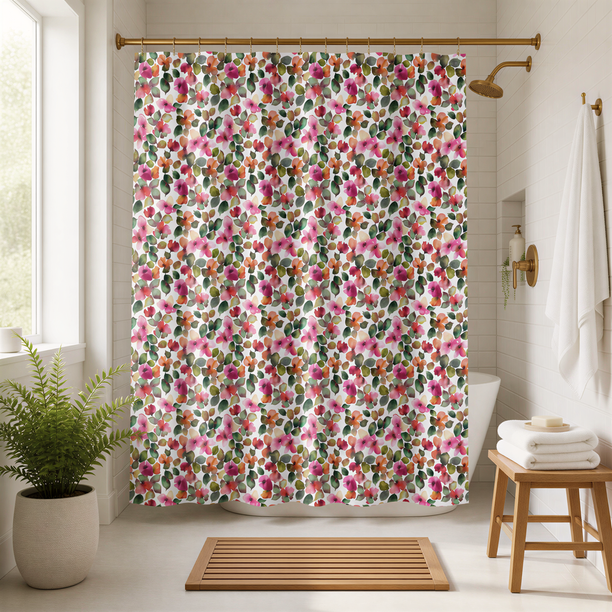 a bathroom with a shower curtain adorned with a floral pattern in shades of pink, green, and orange. The shower curtain is hanging from a gold rod, and there is a wooden stool and a white towel nearby. A potted plant is also present in the room, adding a touch of greenery to the space.