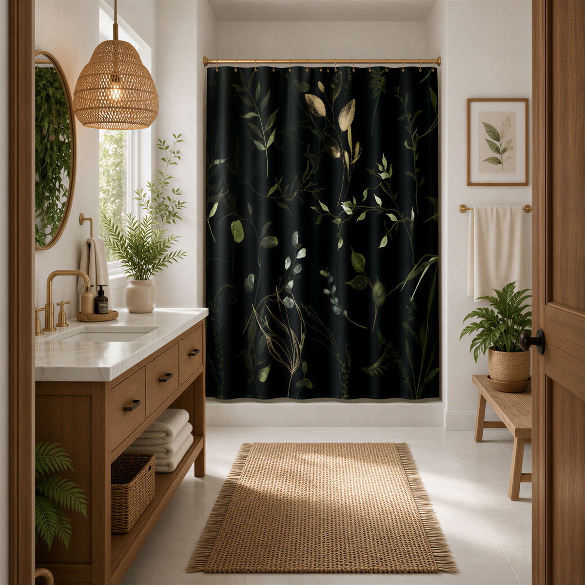 a modern bathroom with a large window, a wooden vanity, a black shower curtain with a floral pattern, and various plants and decor elements throughout the space.