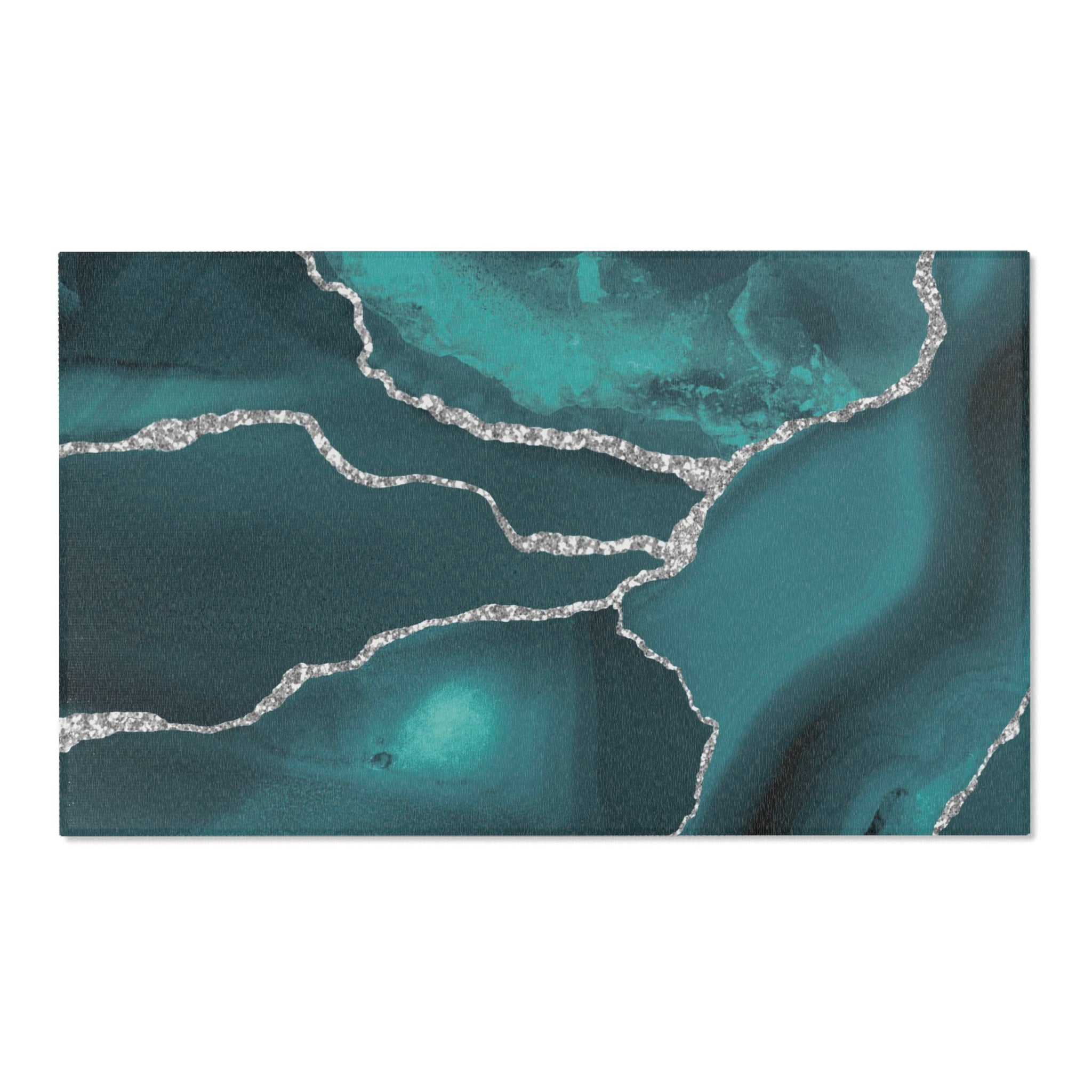 Abstract Large Area Rug | Sea Green, Silver Marble Print