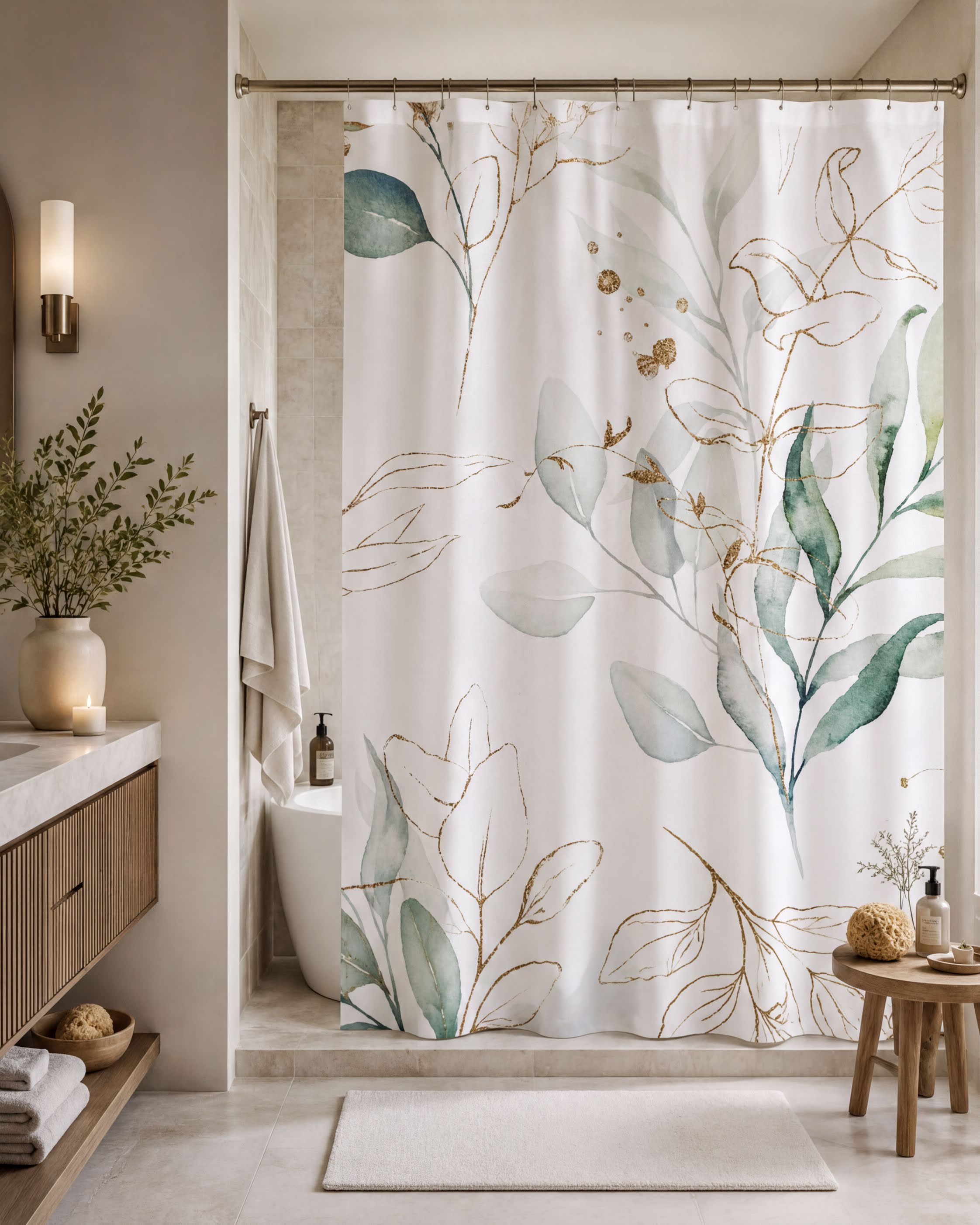 a modern bathroom with a shower curtain featuring a floral design in shades of green and gold. The bathroom is well-decorated with a wooden vanity, a potted plant, and a small table with a vase.