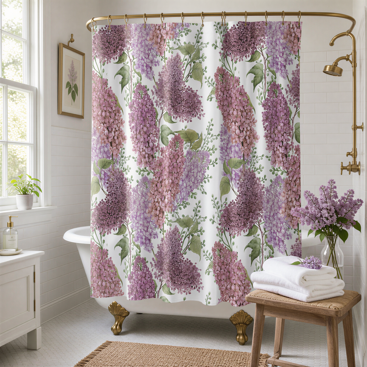 a bathroom with a white clawfoot bathtub, a shower curtain with a floral pattern, and a wooden stool with folded towels.