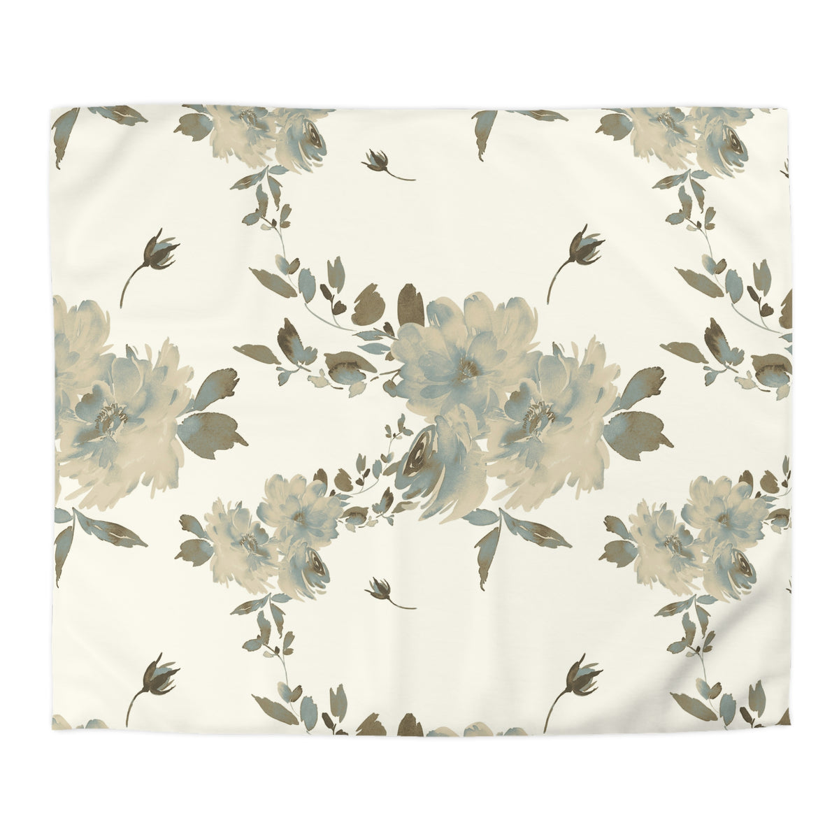 a repeating floral pattern with large white flowers and smaller green leaves on a white background.
