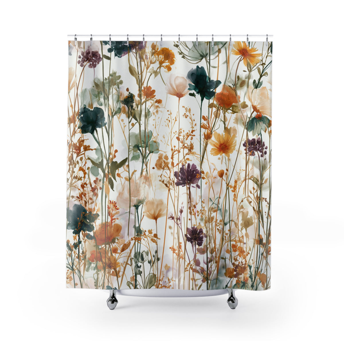 Teal Mustard Wildflower Meadow Shower Curtain, Bath Curtain 71x74