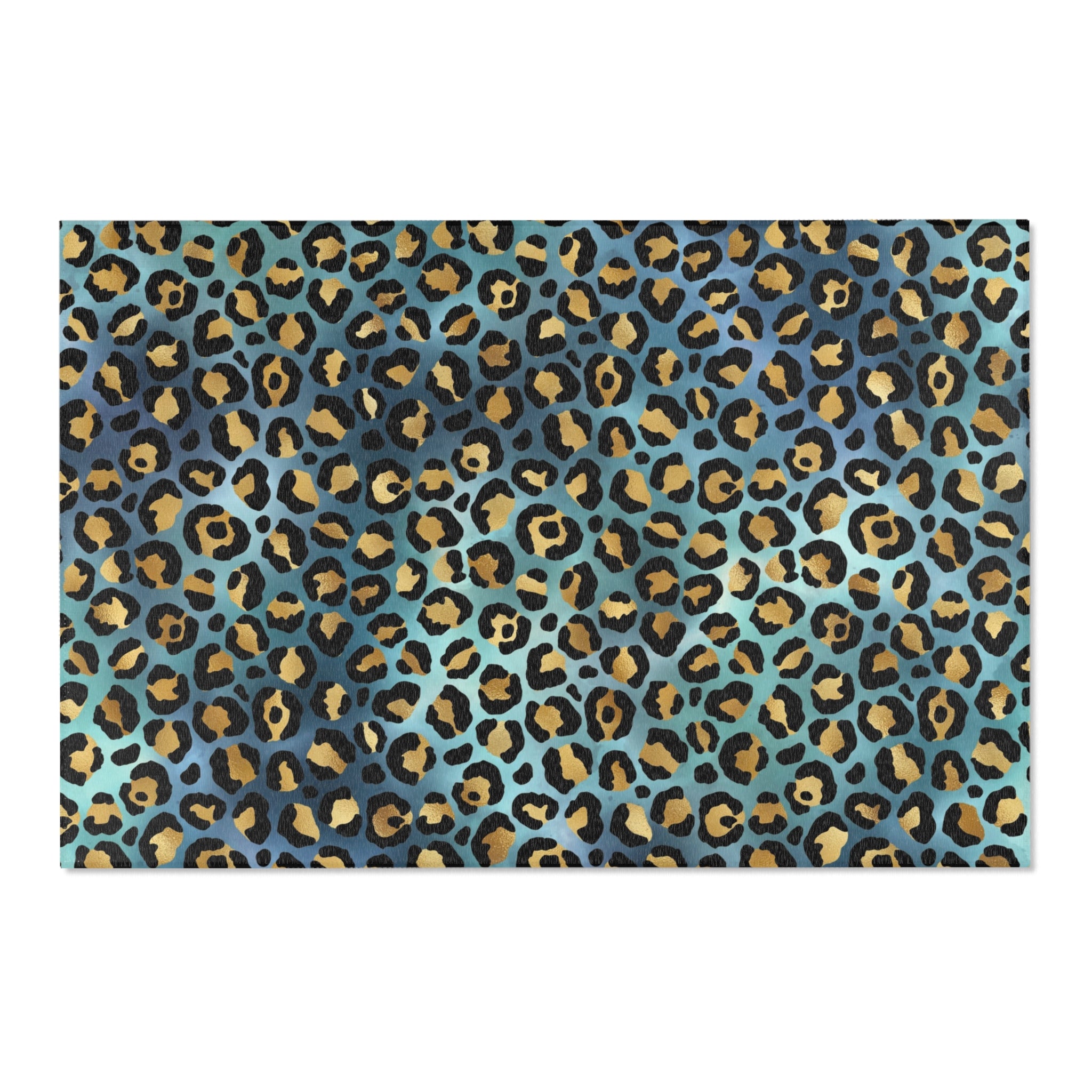 Blue Large Area Rug | Gold Beige, Teal Green Animal Print