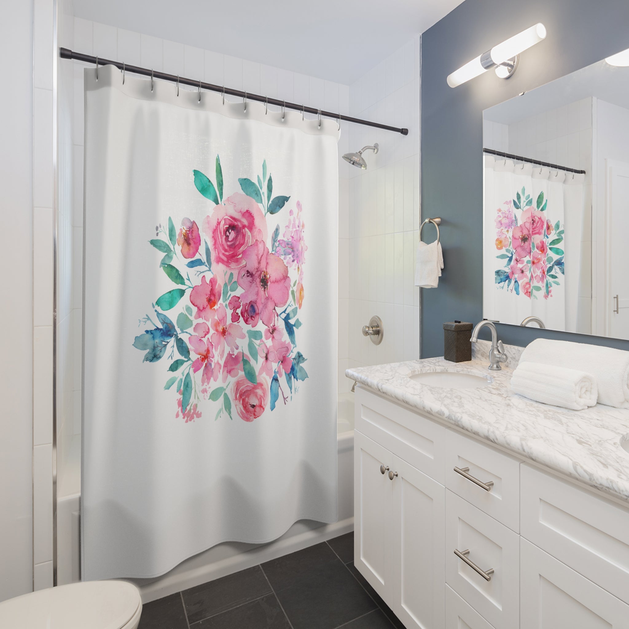 Modern Floral Shower Curtain | Pink, Teal Blue Bouquet