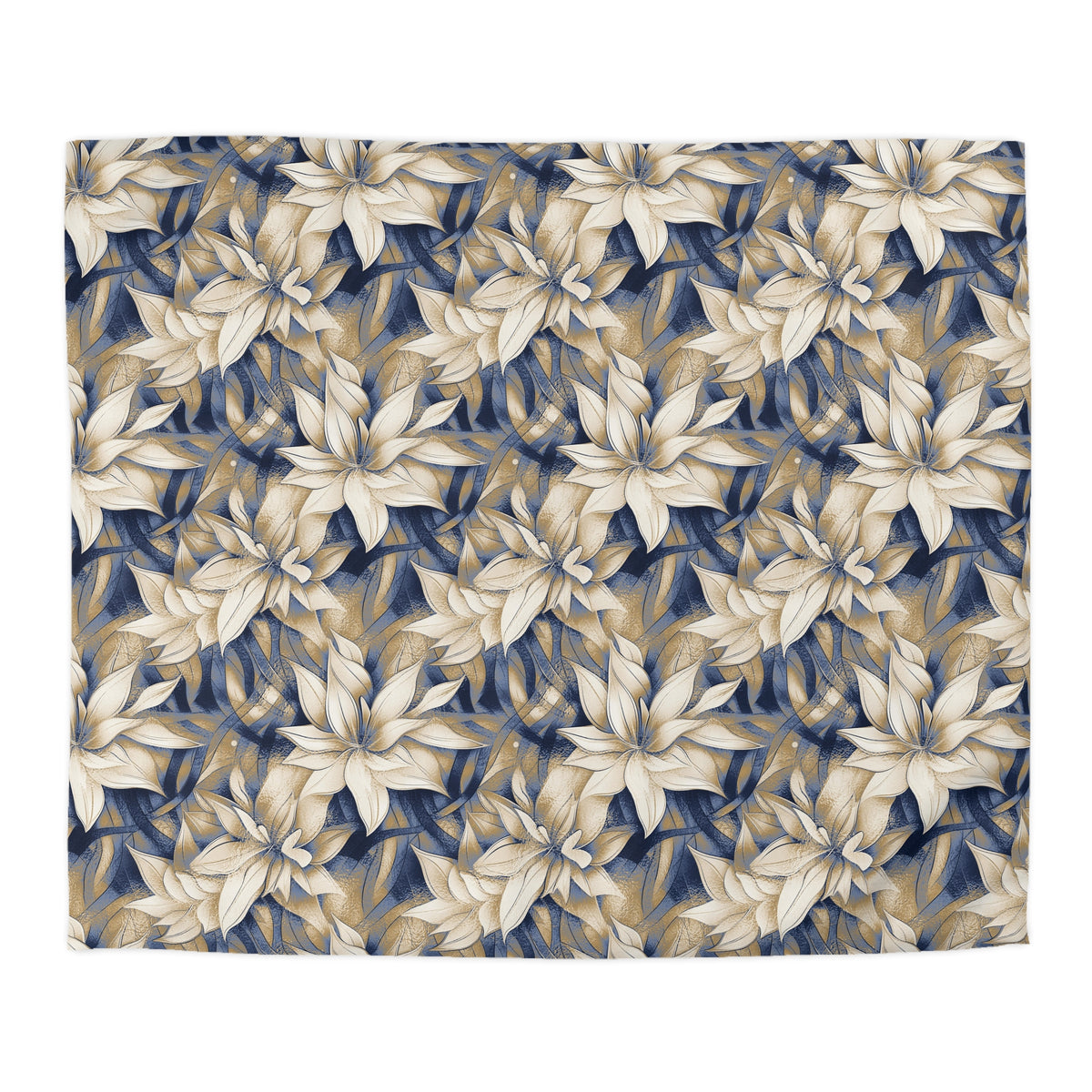 a repeating pattern of large white flowers with blue and gold accents, creating a visually striking and intricate design.