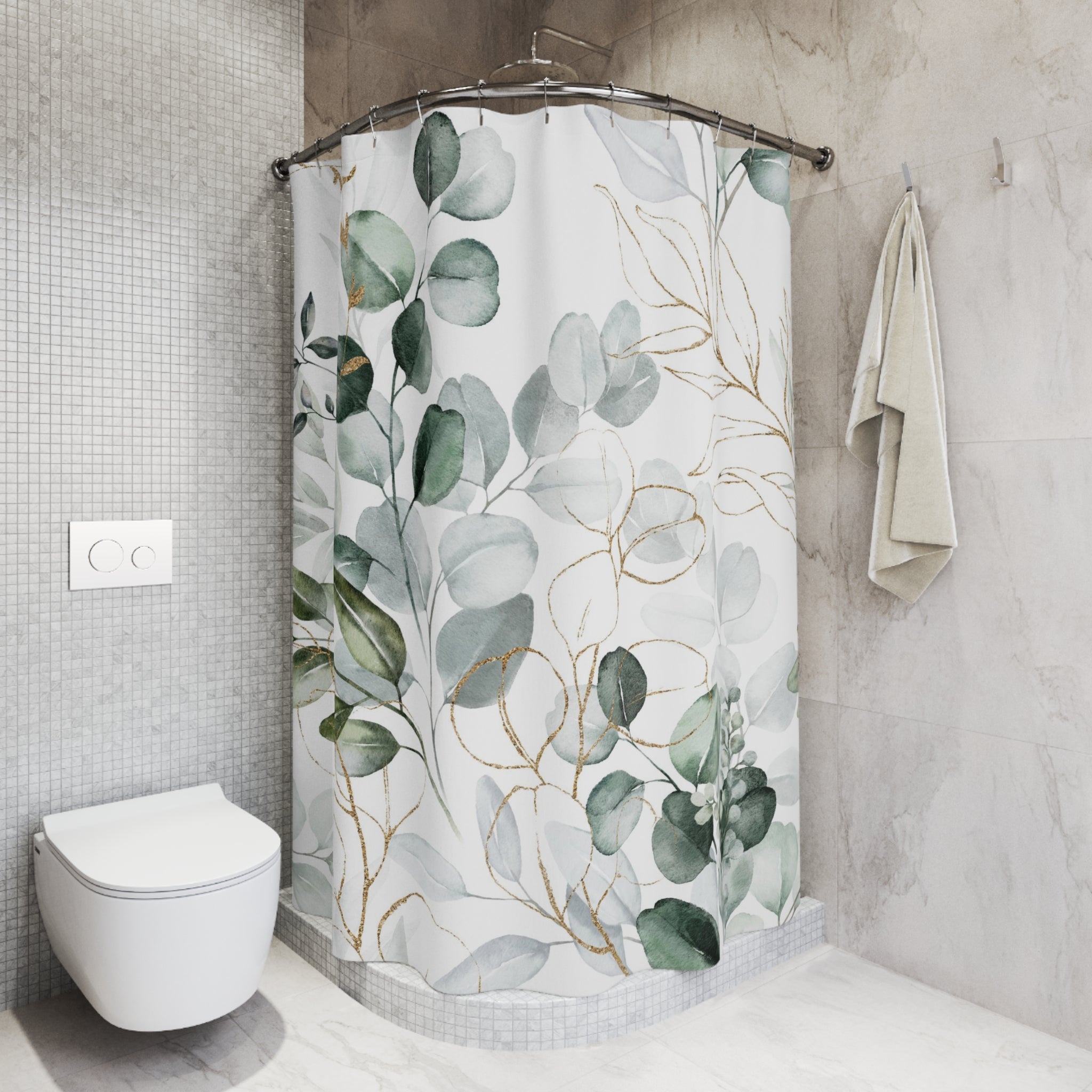 Sage Green White, Eucalyptus Leaves, Botanical Shower Curtain
