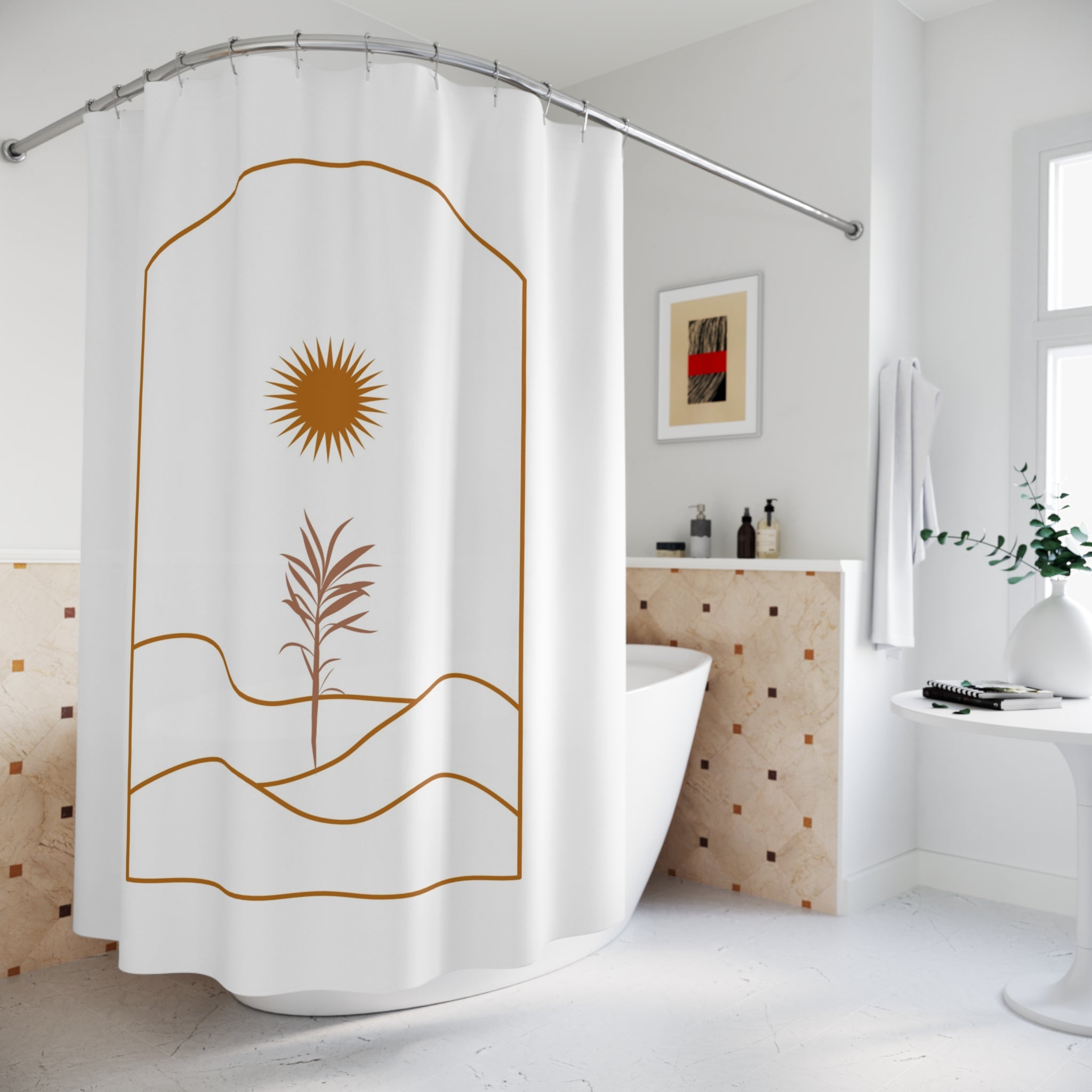 Boho Shower Curtain | White, Terracotta Sun, Abstract