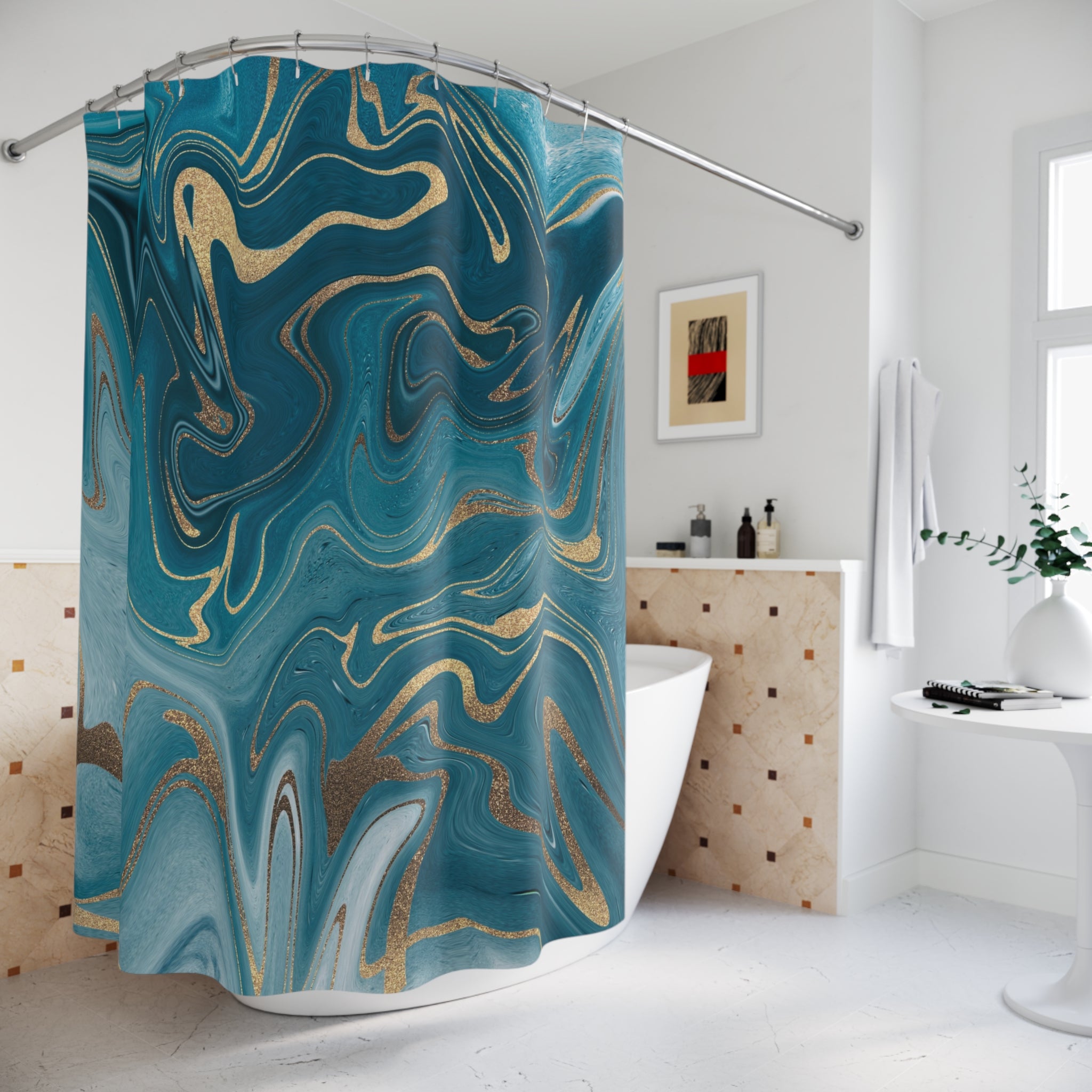 Abstract Marble Print Shower Curtain | Teal Blue Bathroom Decor