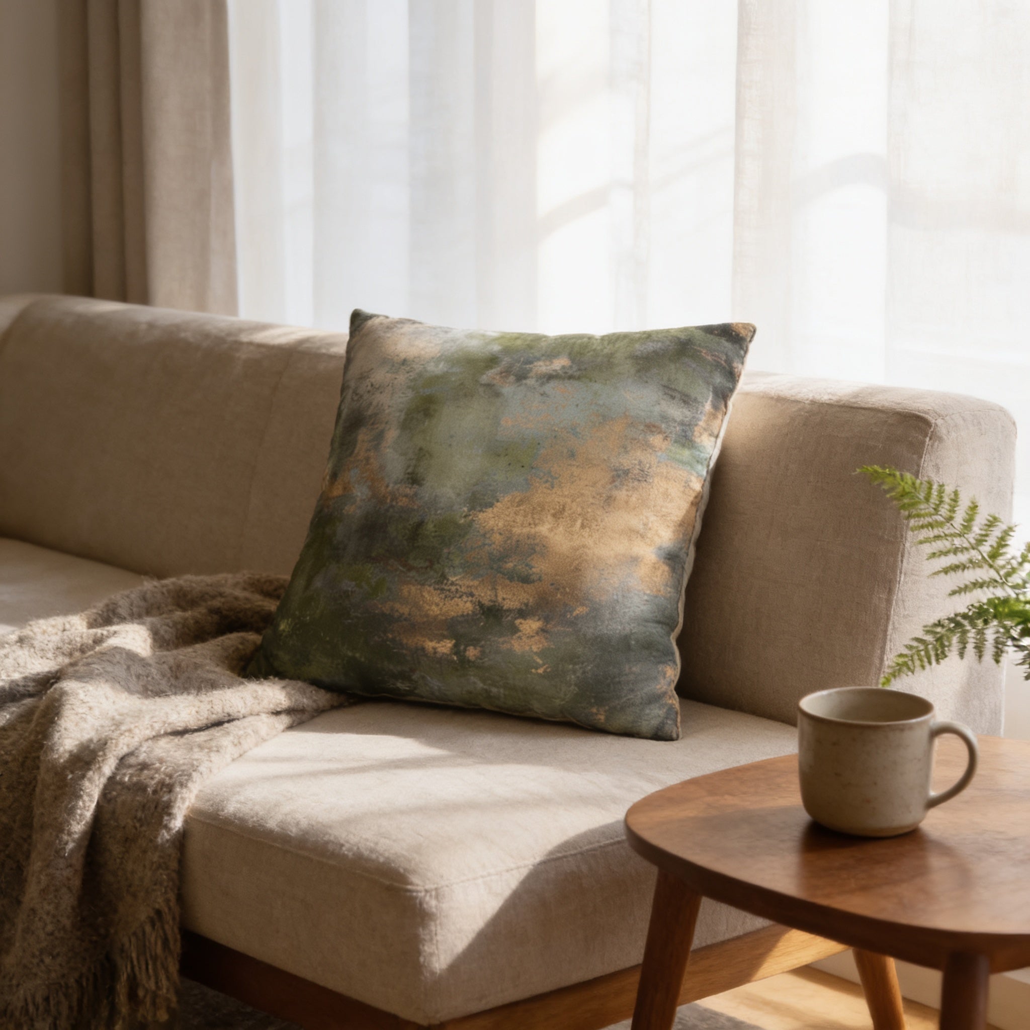 a cozy living room setting with a beige sofa, a green throw pillow, a wooden side table, and a white mug on the table.
