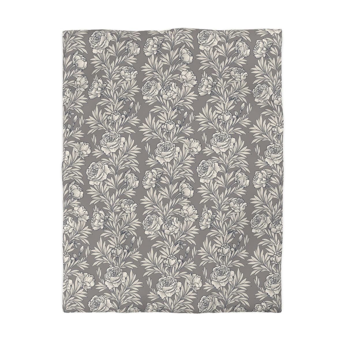 a square-shaped floral pattern with a repeating design of white flowers and leaves on a gray background.