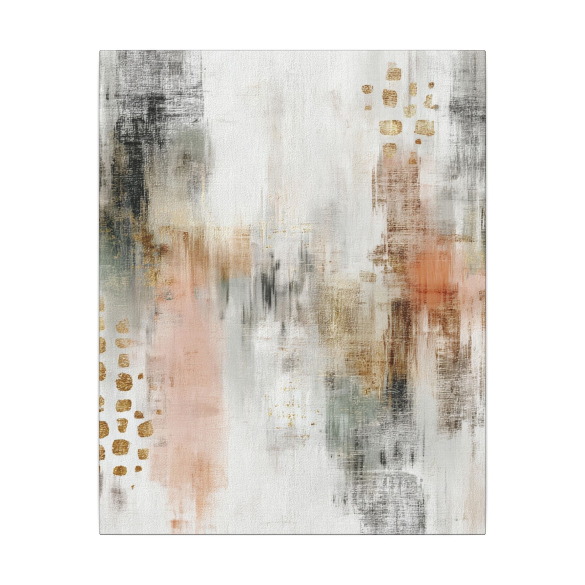 The image is an abstract painting with a textured, layered appearance. The colors used are predominantly white, gray, and peach, with some gold accents. The painting does not contain any discernible objects or specific actions, and it does not depict a scene or represent a photograph. The image is a single, continuous piece of art.