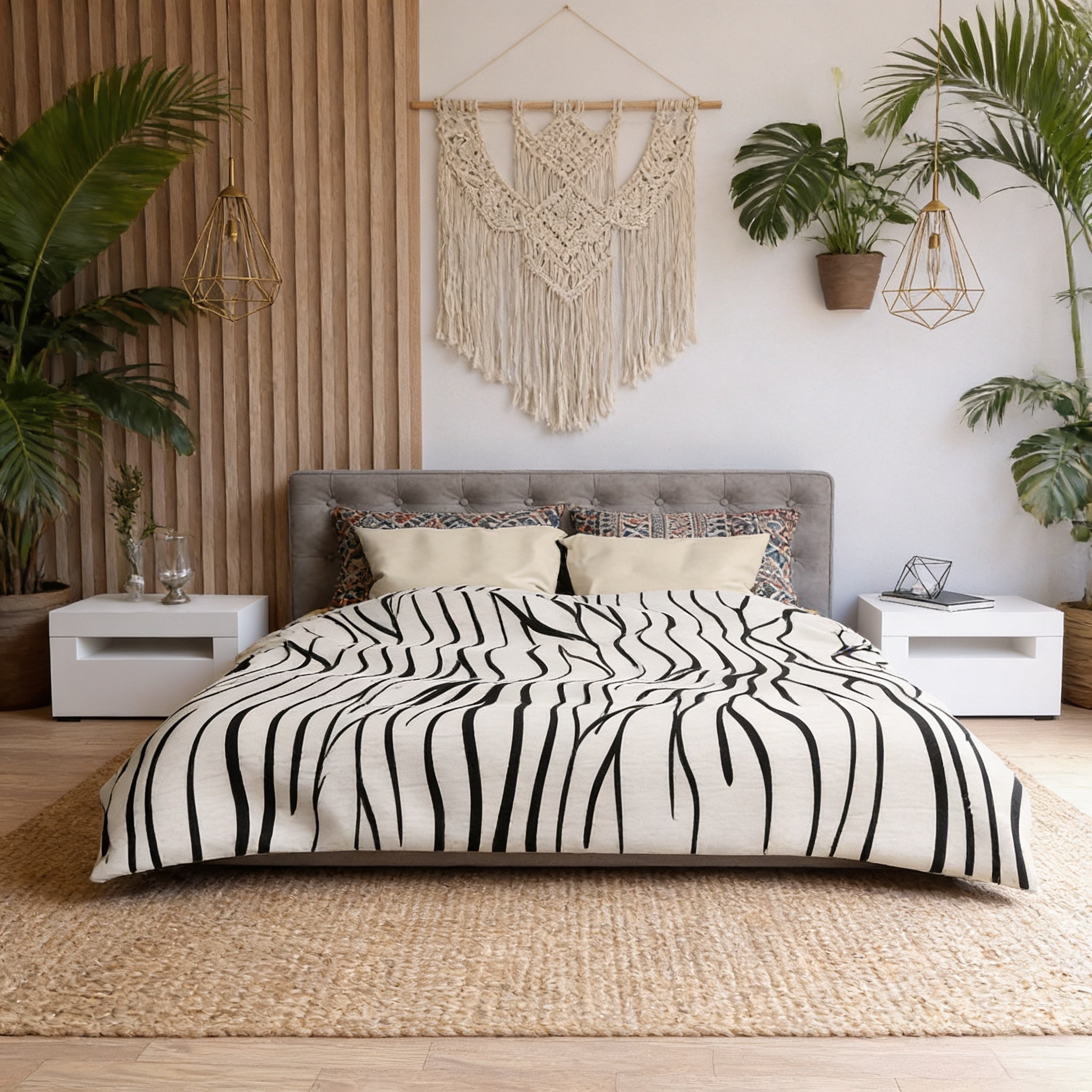 a modern bedroom with a large bed, a gray headboard, and a white and black zebra-patterned comforter. The room is decorated with various plants, including palm trees, and a hanging macrame wall hanging. The overall design has a contemporary and stylish aesthetic.