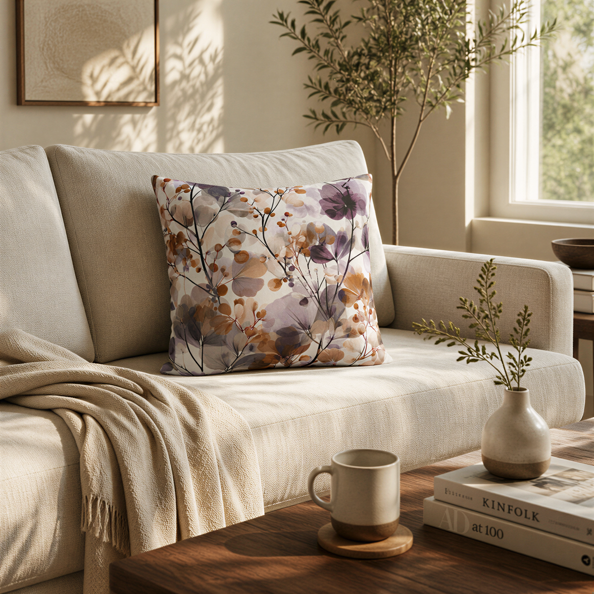 a cozy living room with a beige sofa, a decorative pillow, a coffee table with a mug and a book, and a plant in a vase.