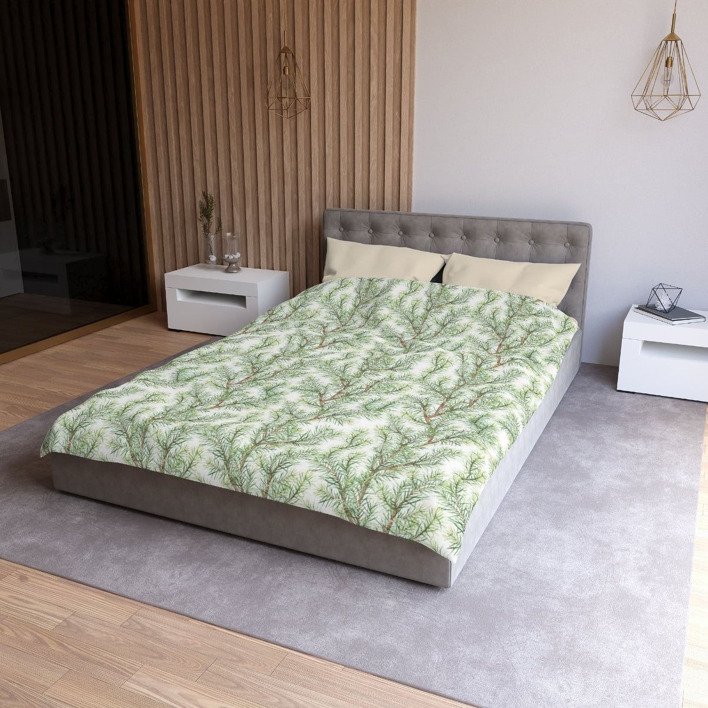 a modern bedroom with a gray tufted headboard, a green and white patterned comforter, and two white nightstands. The room has a neutral color scheme with a gray carpet and wooden paneling on the walls.