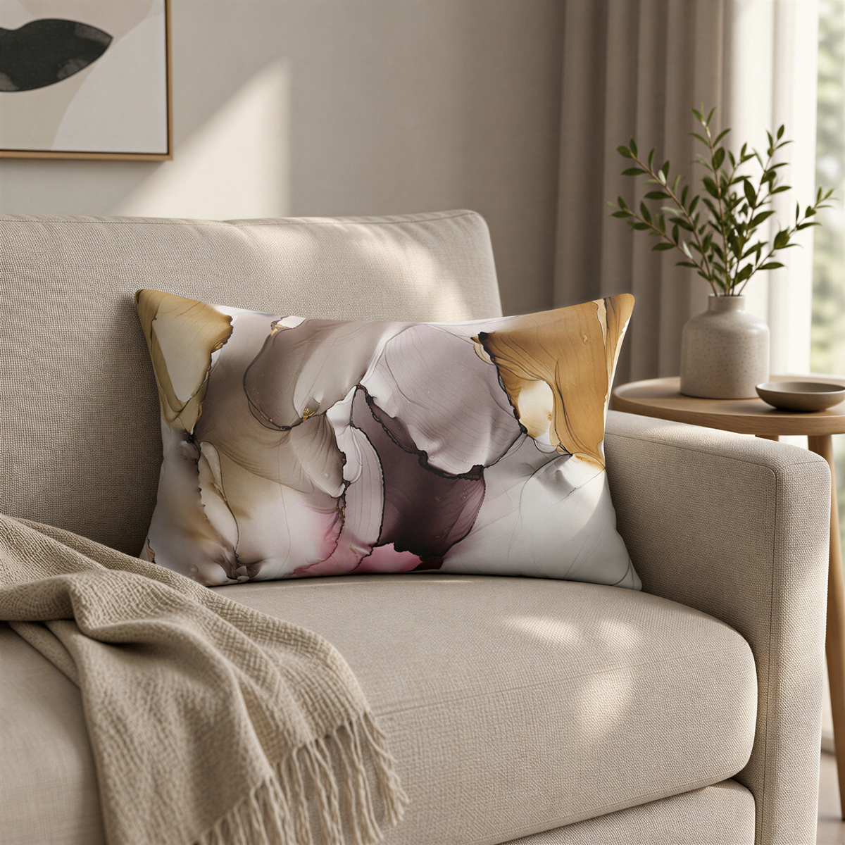a beige sofa with a decorative throw pillow featuring a colorful abstract pattern. The pillow is placed on the armrest of the sofa, and there is a small plant in a white vase on the side table.