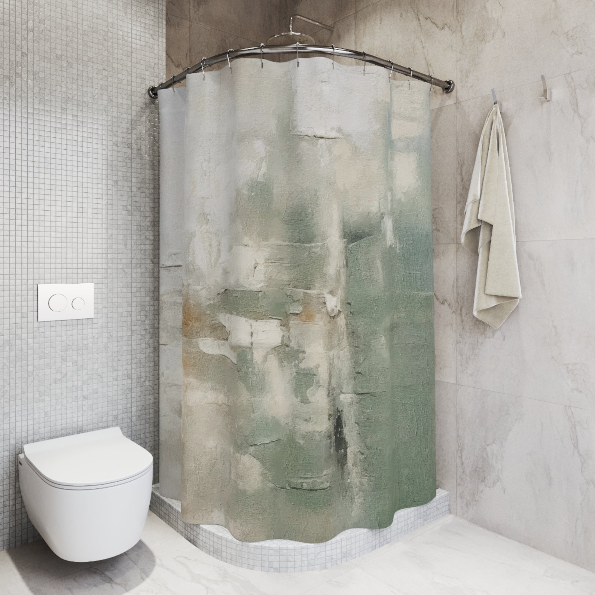 a modern bathroom with a white toilet, a shower curtain featuring a green and white abstract design, and a towel hanging on a rack.