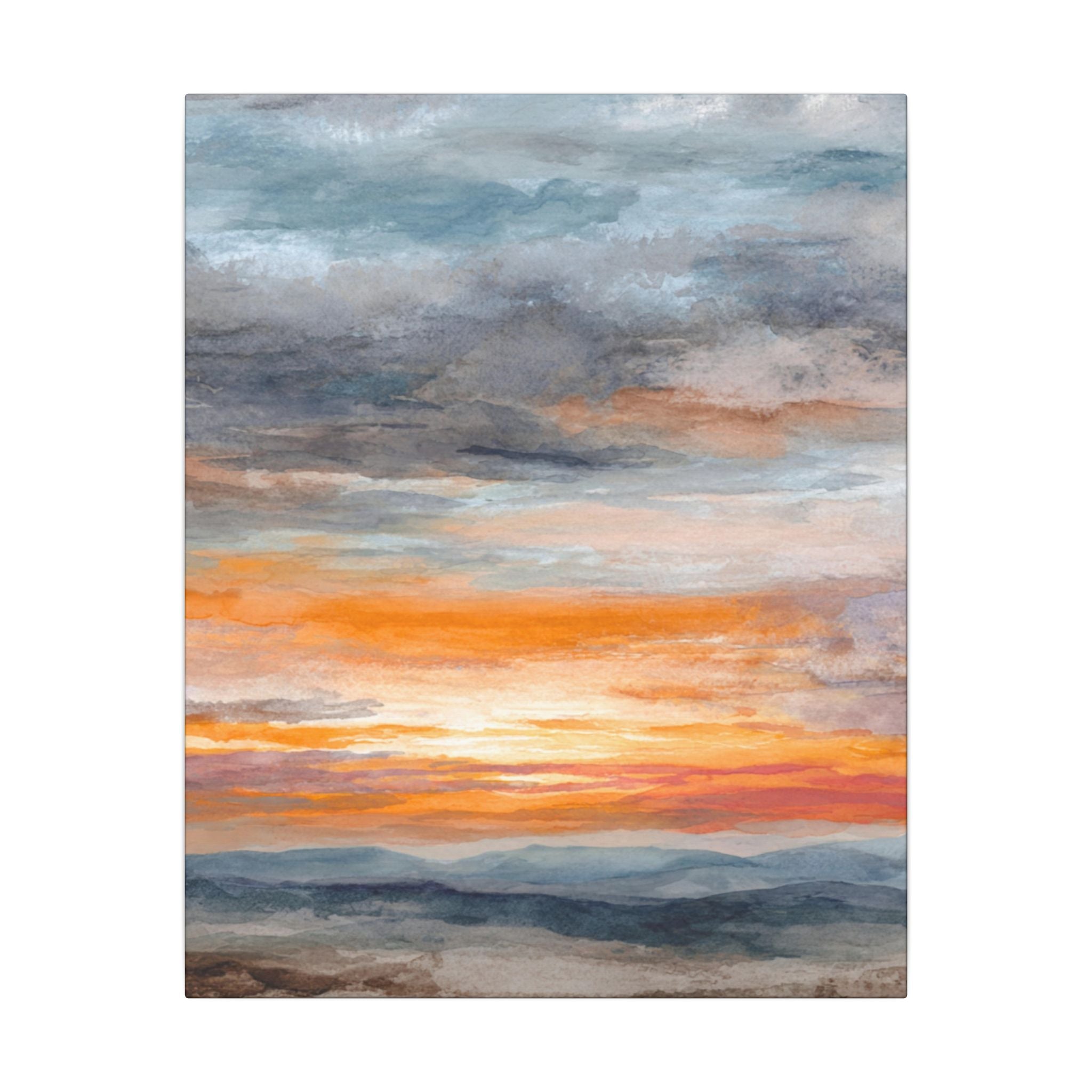 a serene landscape with a vibrant sunset over a mountainous terrain.