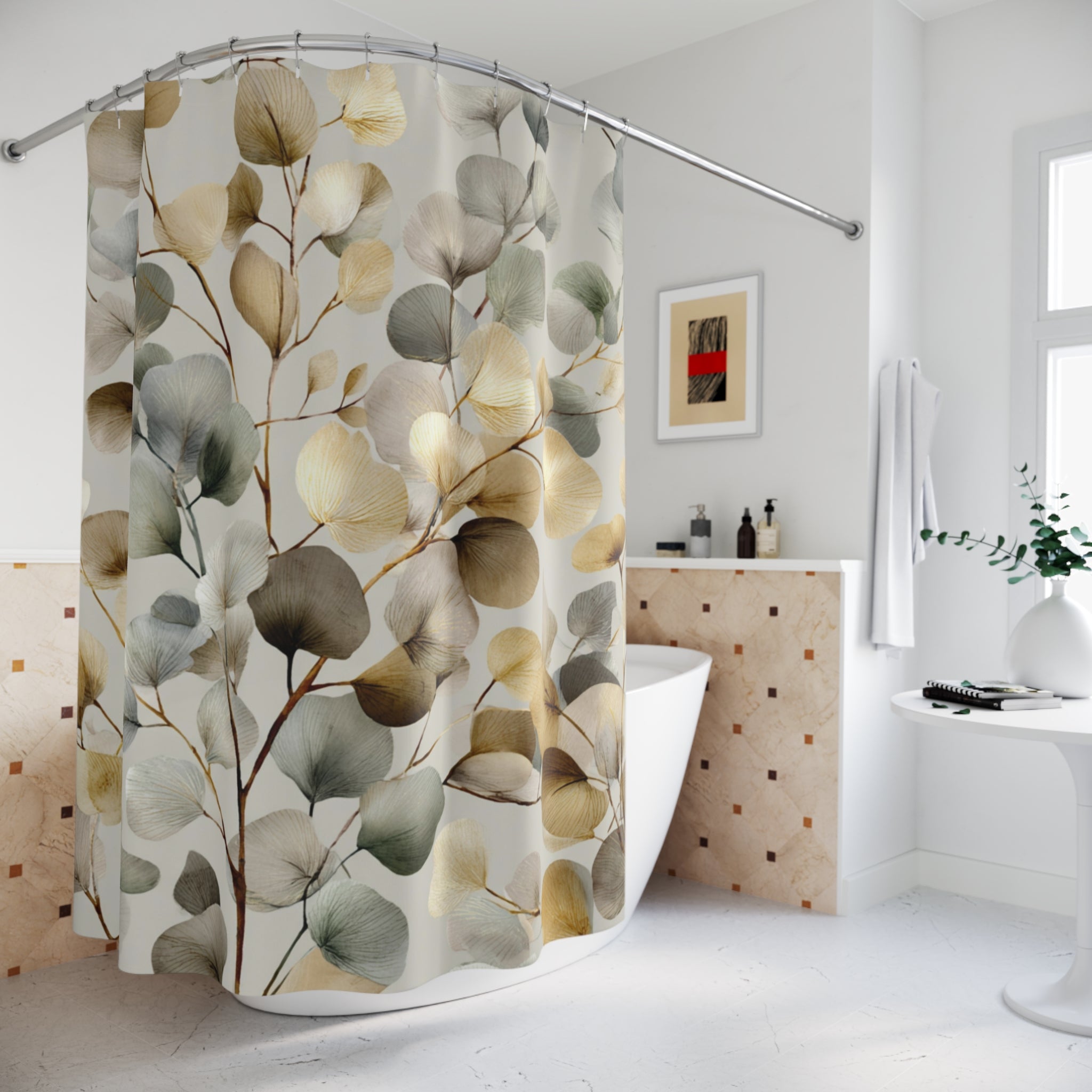 Boho Abstract Leaves Shower Curtain | Grey Taupe Beige Watercolor