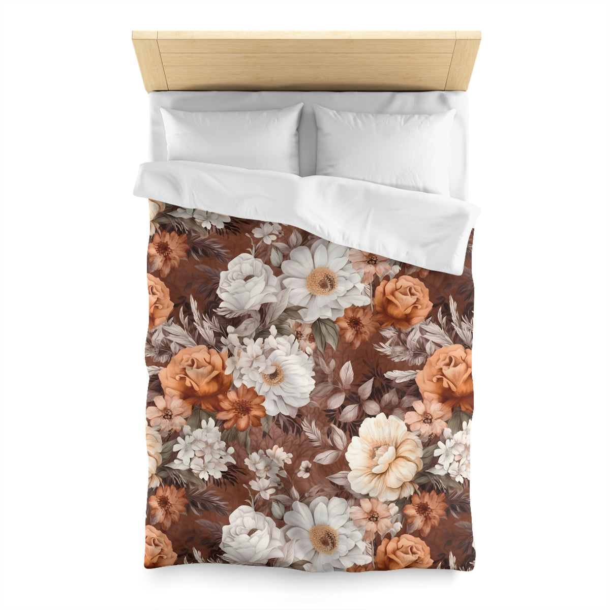 a bed with a floral print duvet cover featuring a variety of flowers in shades of brown, white, and orange.