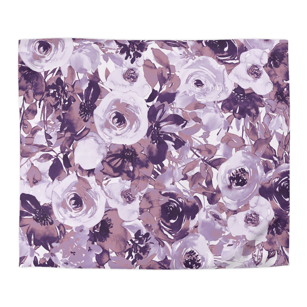 a vibrant and colorful floral pattern with various shades of purple and white flowers, including roses, lilies, and other blooms. The pattern is visually striking and creates a sense of depth and texture.