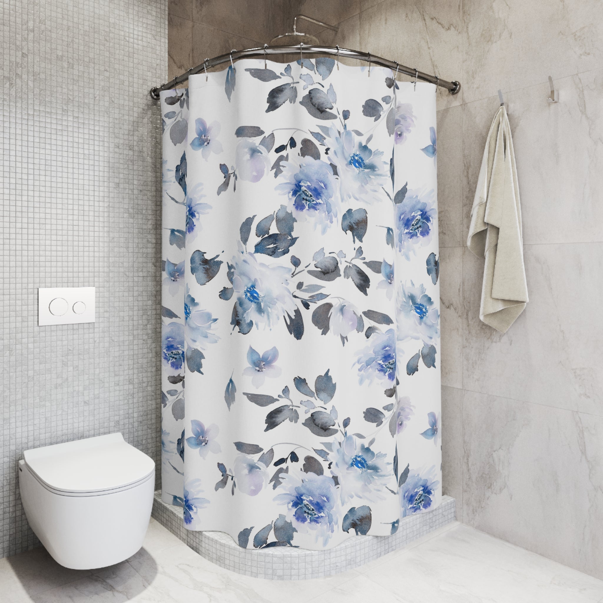 Floral Shower Curtain | Blue Grey White Bathroom Decor