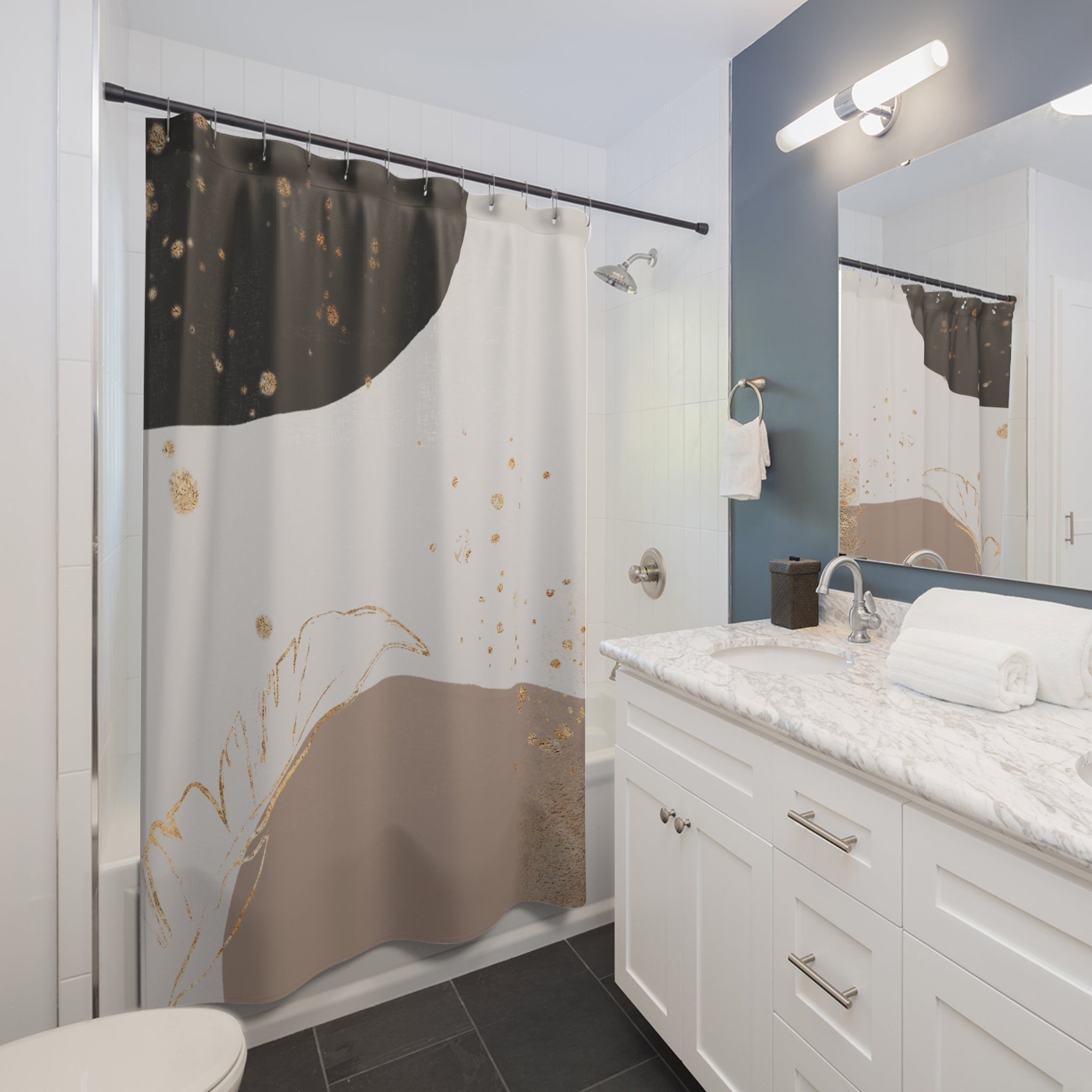 Boho Shower Curtain | Black, Muted Gold Beige, Earthy Leaf